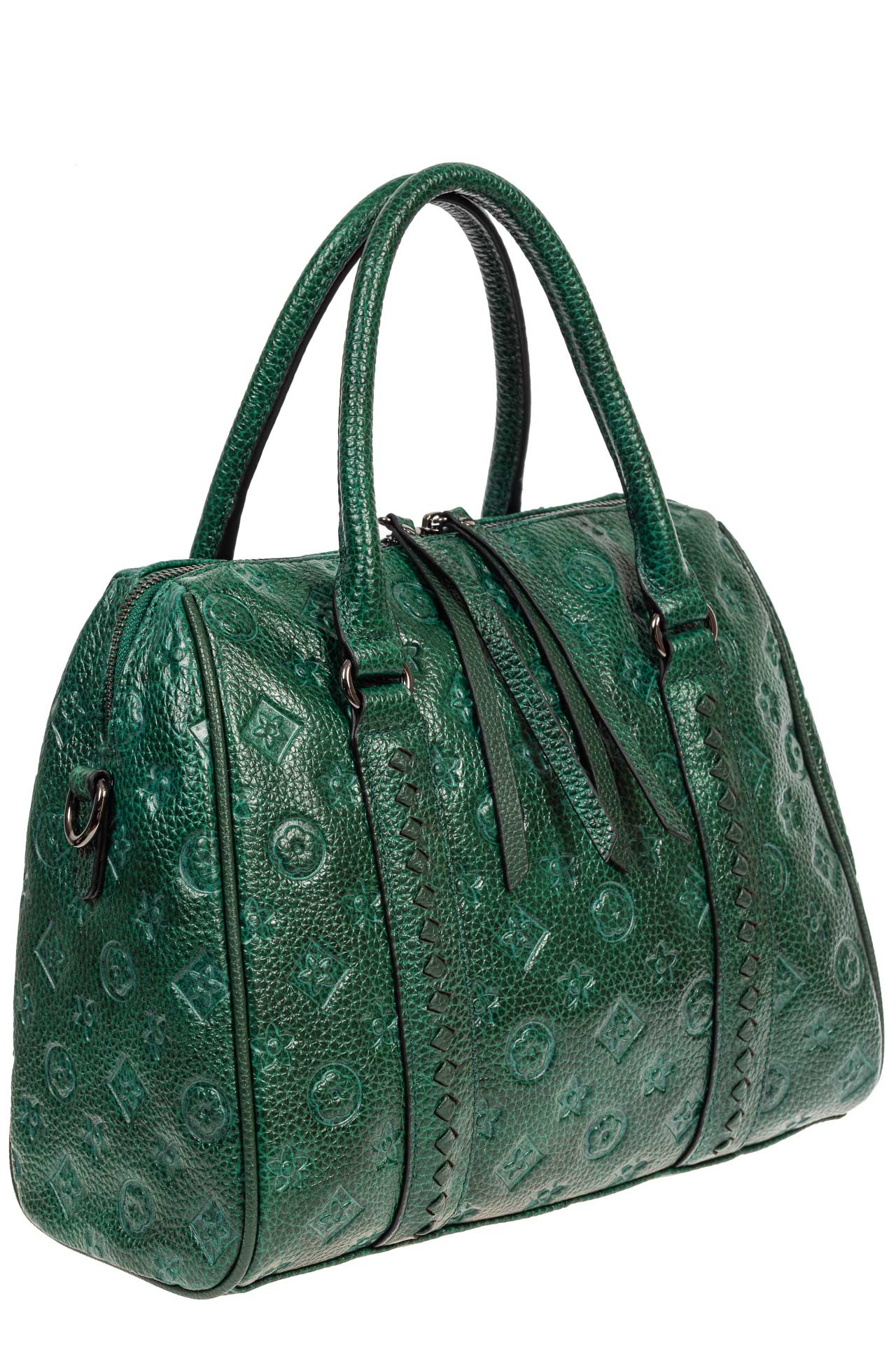 На фото 1 - Кожаная женская сумка с тиснёным принтом, цвет зелёный