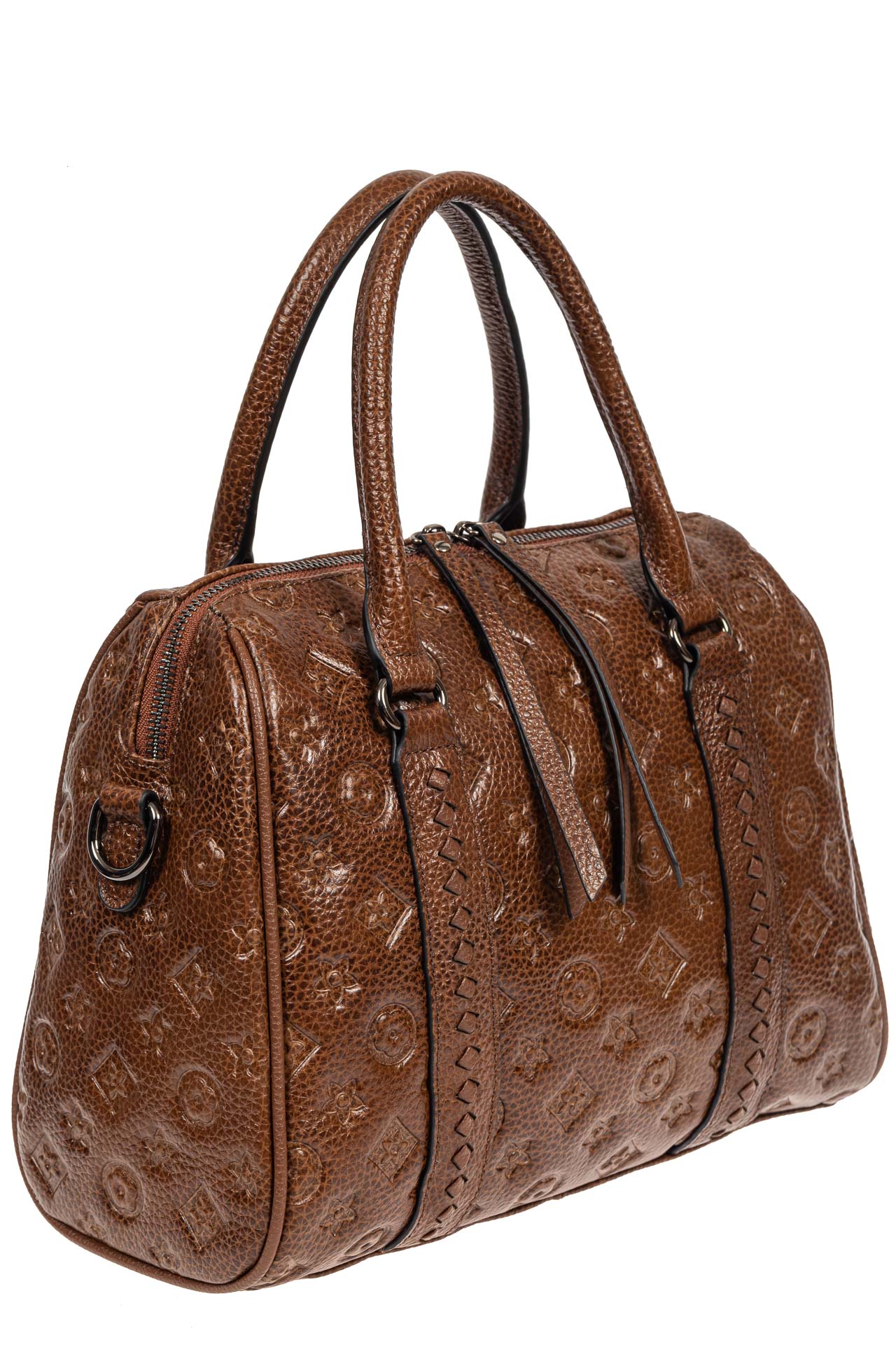 На фото 1 - Кожаная женская сумка с тиснёным принтом, цвет коричневый