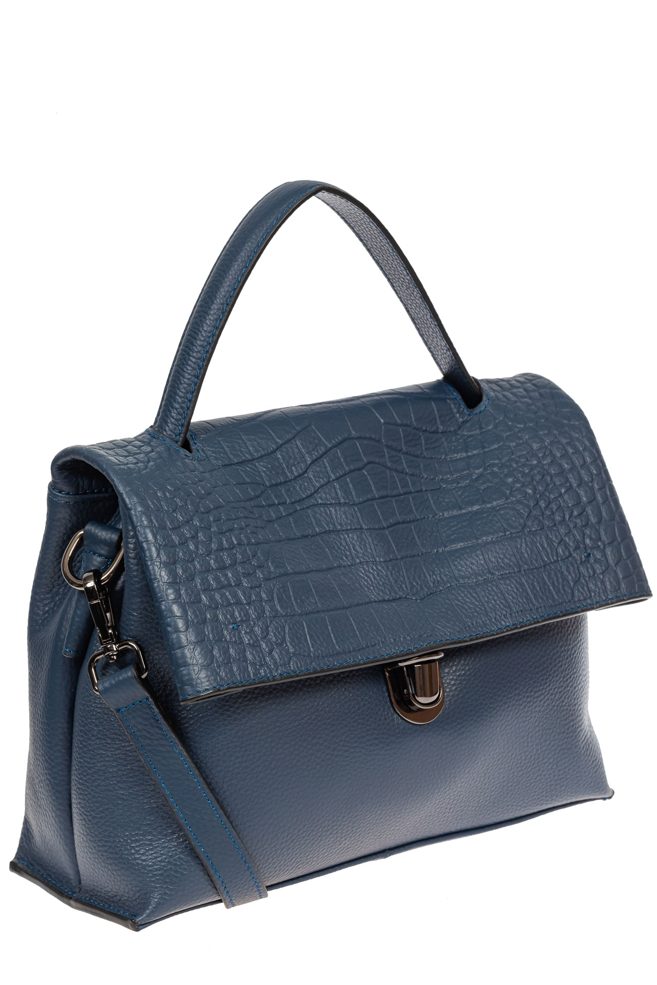 На фото 1 - Кожаная женская сумка с фактурой крокодила, цвет синий