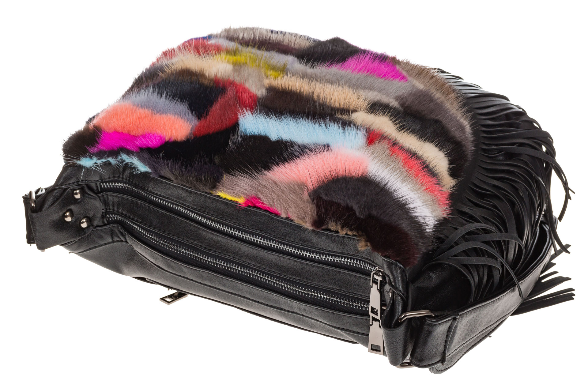 На фото 4 - Меховая сумка хобо с бахромой, горизонтальный мультицвет