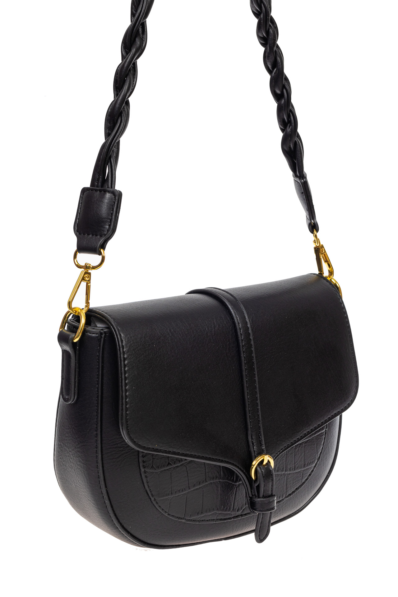 На фото 1 - Женская сумка-седло из искусственной кожи с плетёной ручкой, цвет чёрный
