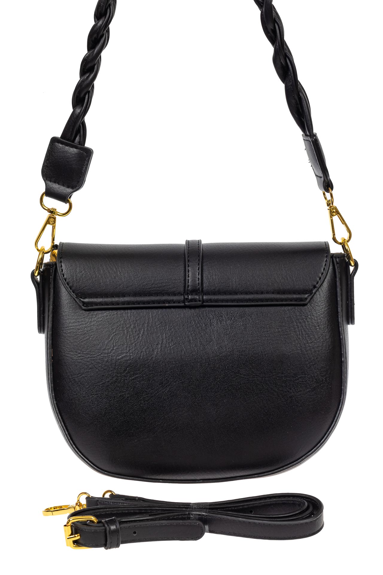 На фото 3 - Женская сумка-седло из искусственной кожи с плетёной ручкой, цвет чёрный
