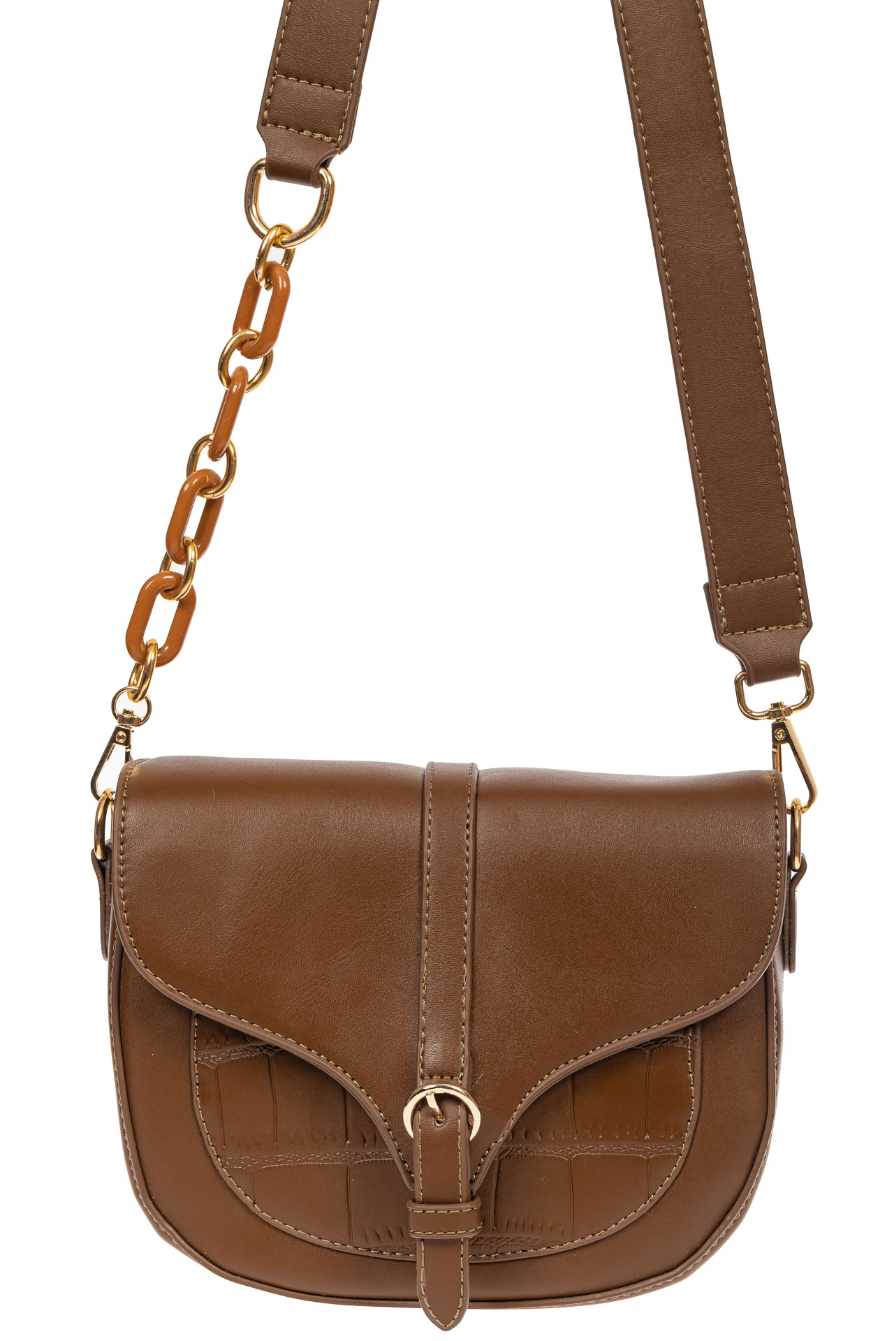 На фото 2 - Женская сумка-седло из искусственной кожи с текстурой крокодиловой кожи, цвет коричневый