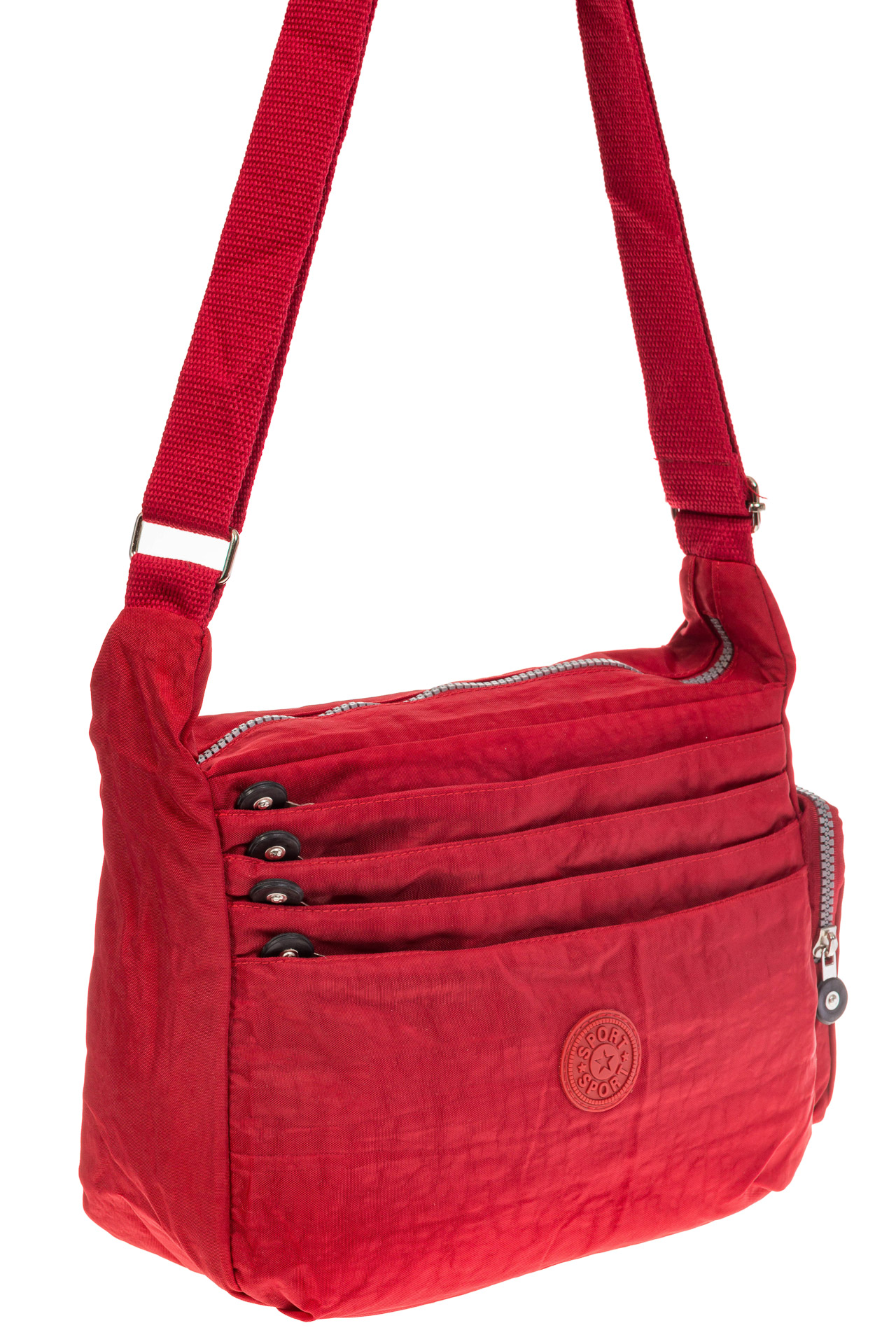 На фото 1 - Красная тканевая сумка с множеством карманов