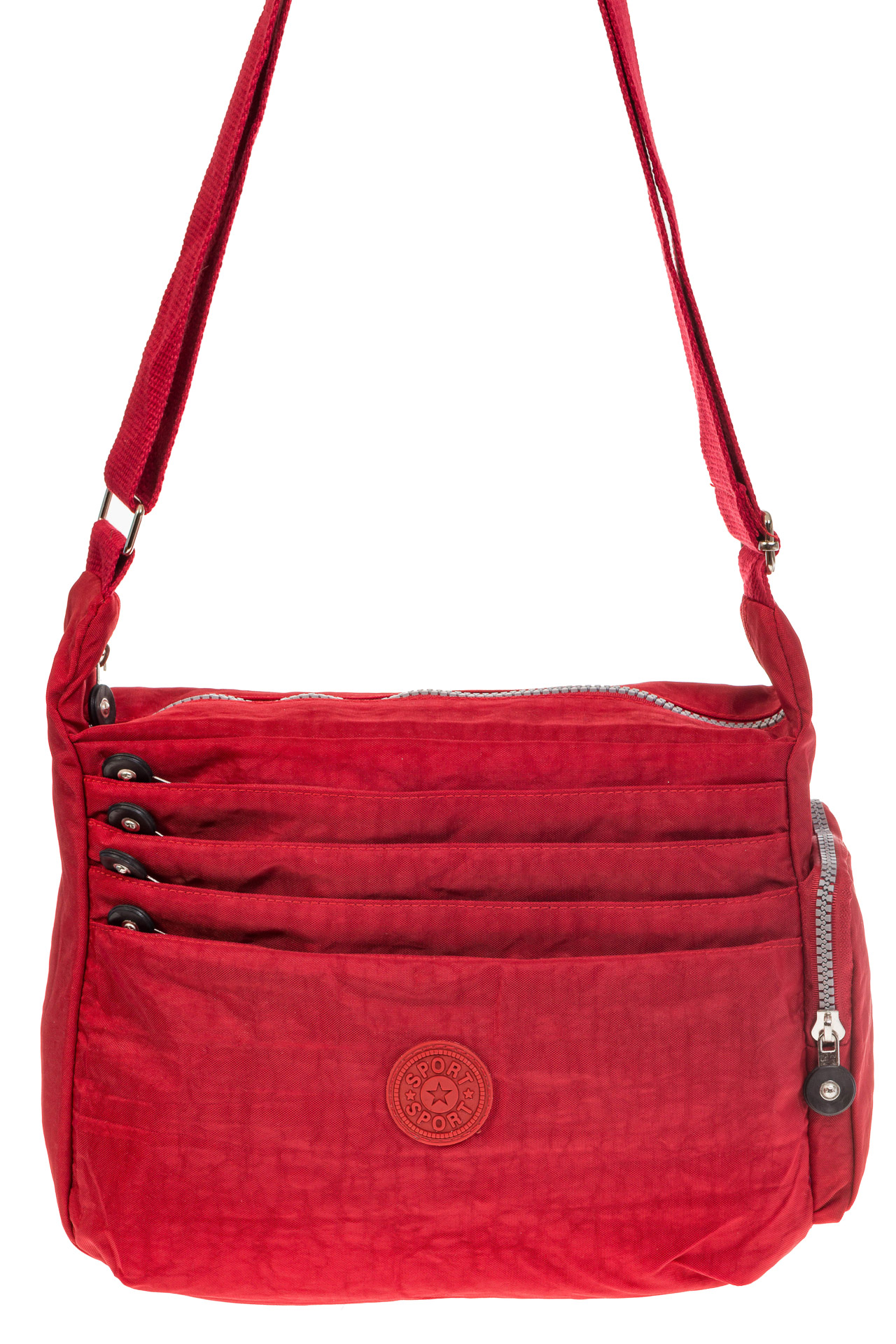 На фото 2 - Красная тканевая сумка с множеством карманов