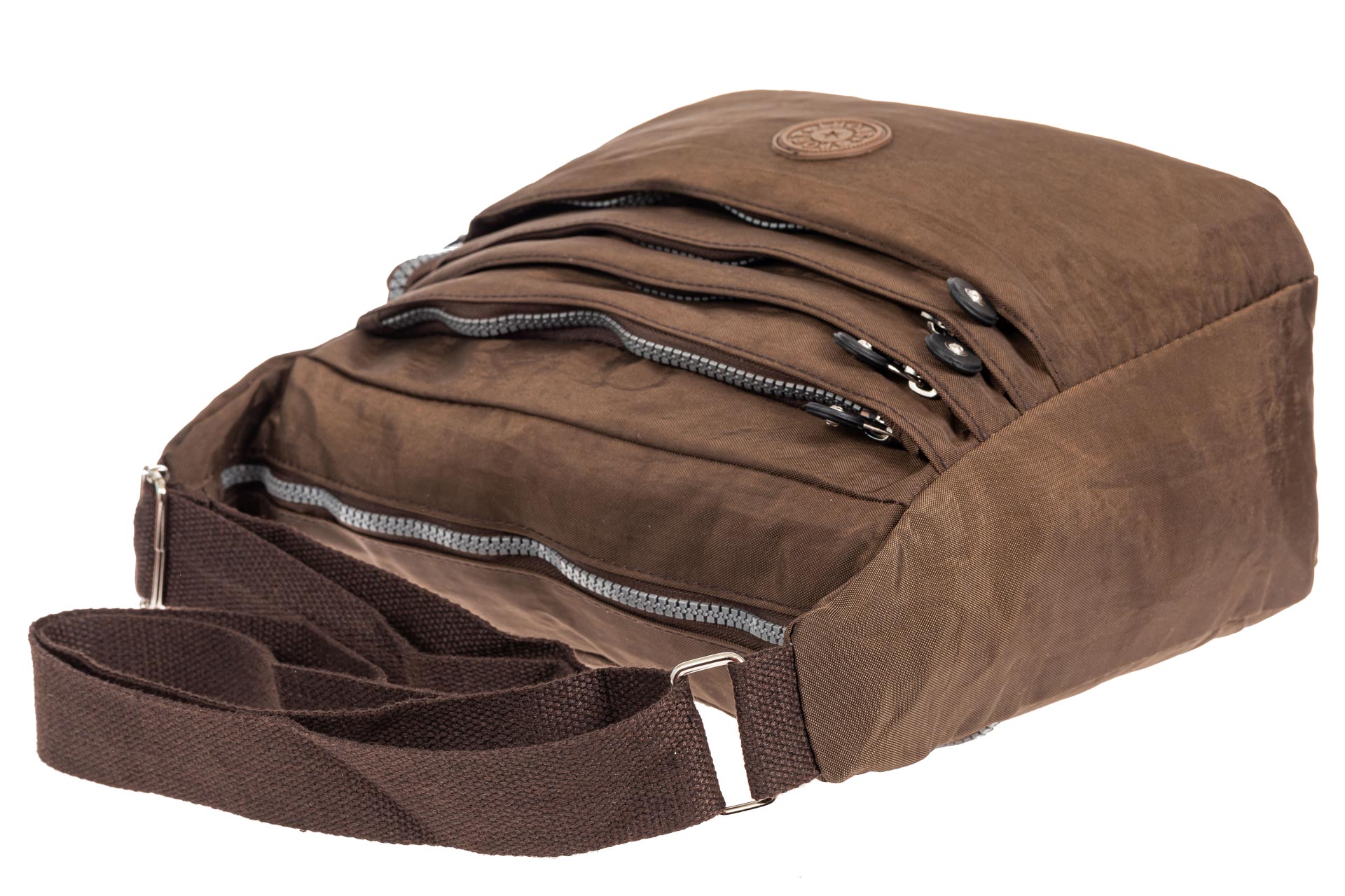 На фото 4 - Женская тканевая сумка с множеством карманов, цвет коричневый