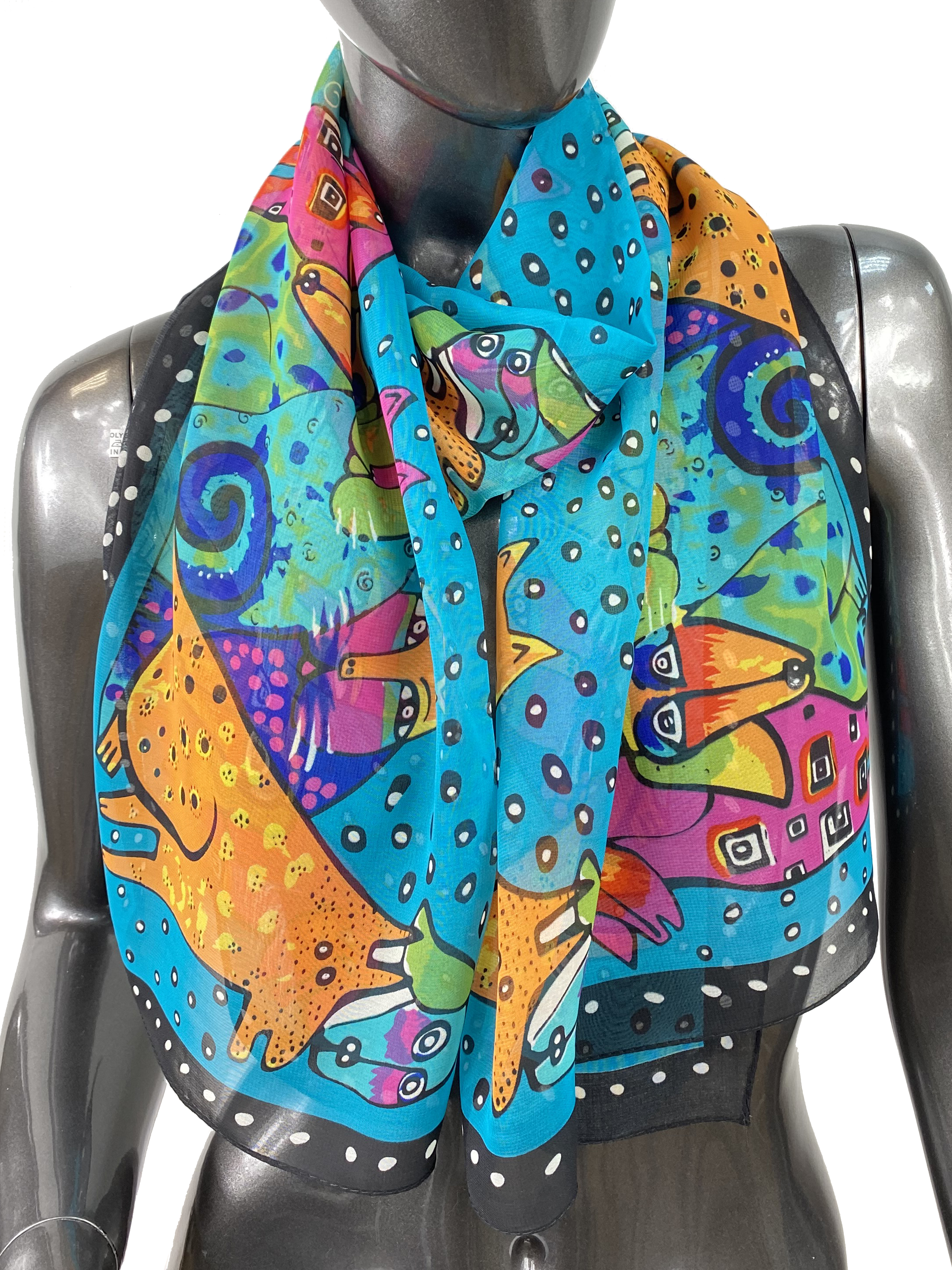 На фото 1 - Лёгкий шейный платок с яркой росписью, цвет бирюзовый