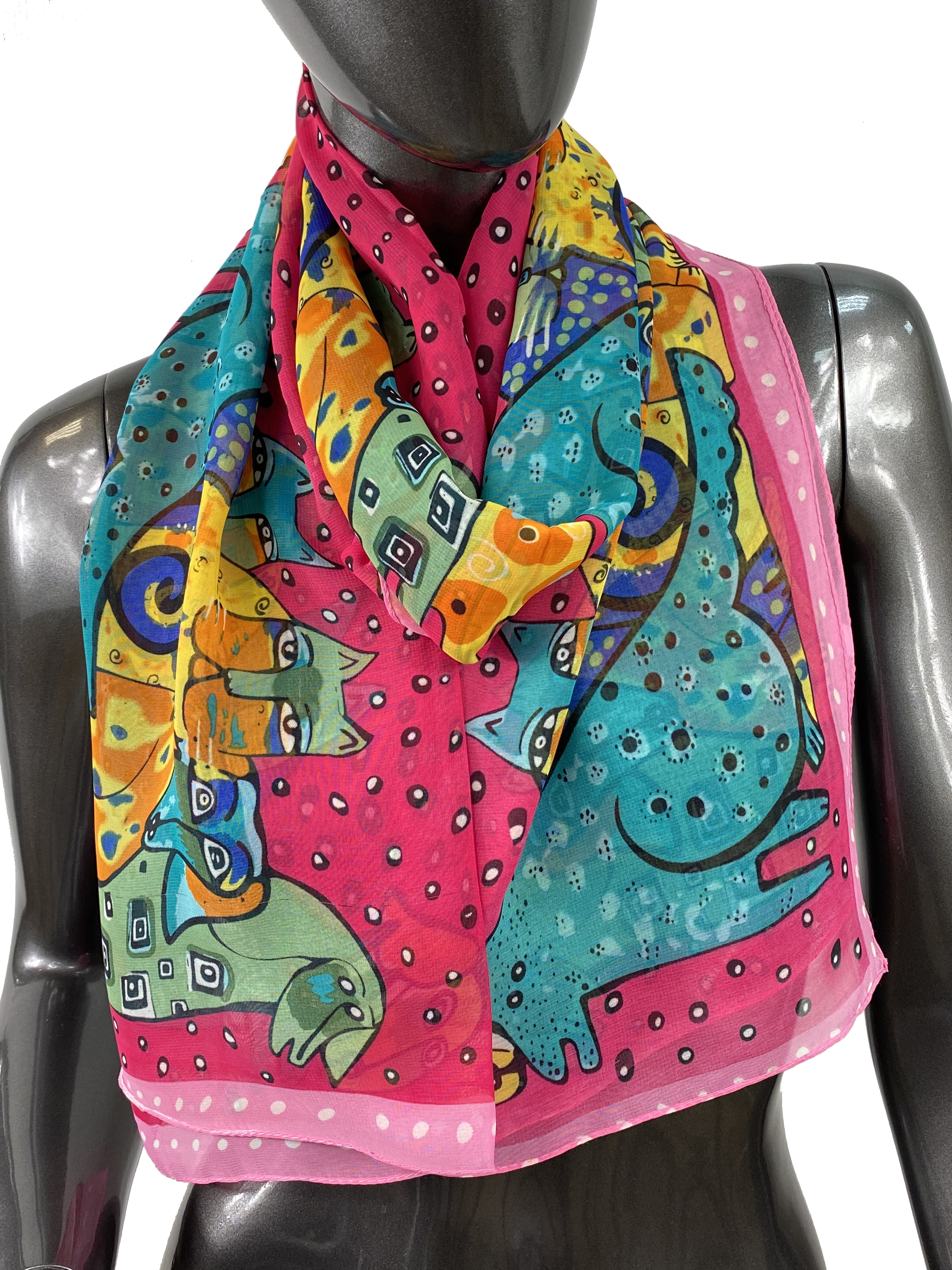 На фото 1 - Лёгкий шейный платок с яркой росписью, цвет фуксия