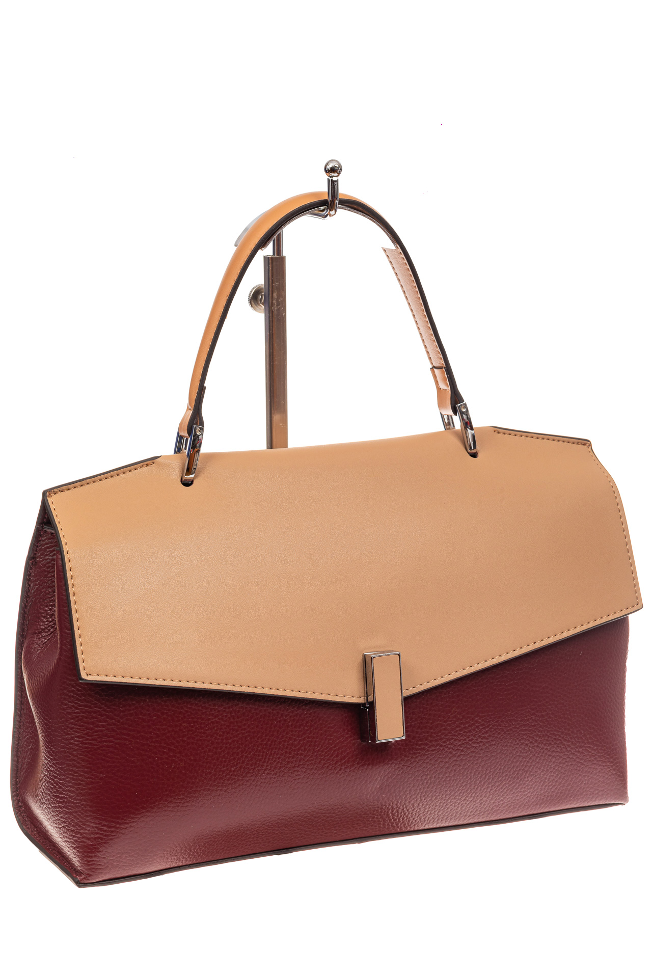 На фото 1 - Женская сумка портфель из натуральной кожи, цвет бордовый+песочный