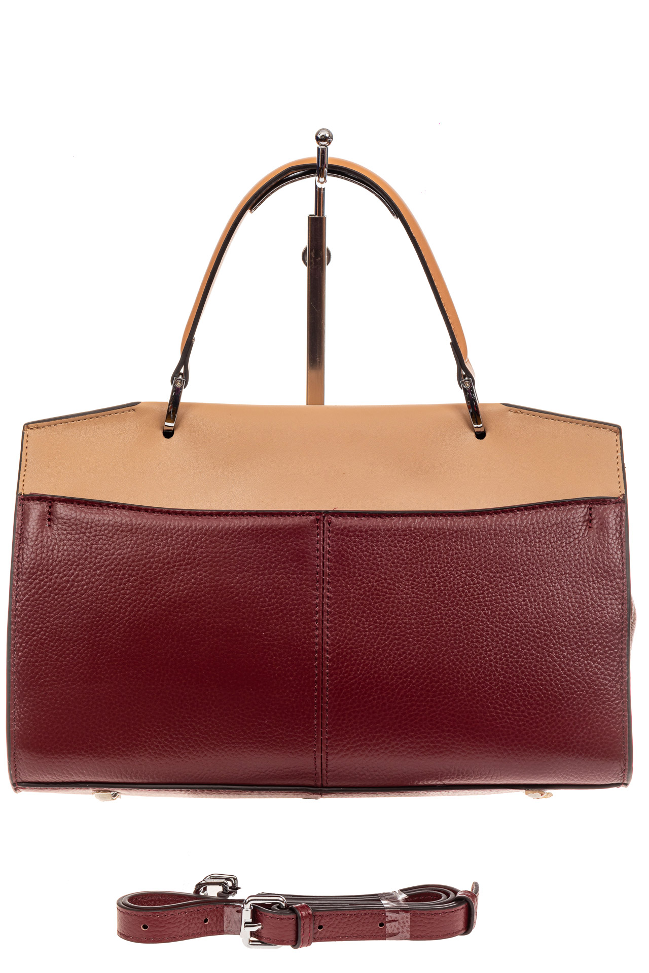 На фото 3 - Женская сумка портфель из натуральной кожи, цвет бордовый+песочный