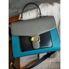 На фото 3 - Женская сумка-портфель из фактурной натуральной кожи, цвет бирюзовый с серым и чёрным