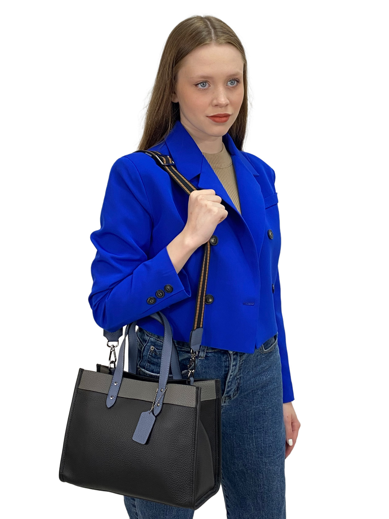 На фото 2 - Женская сумка  из натуральной кожи, цвет черный с серым и синим