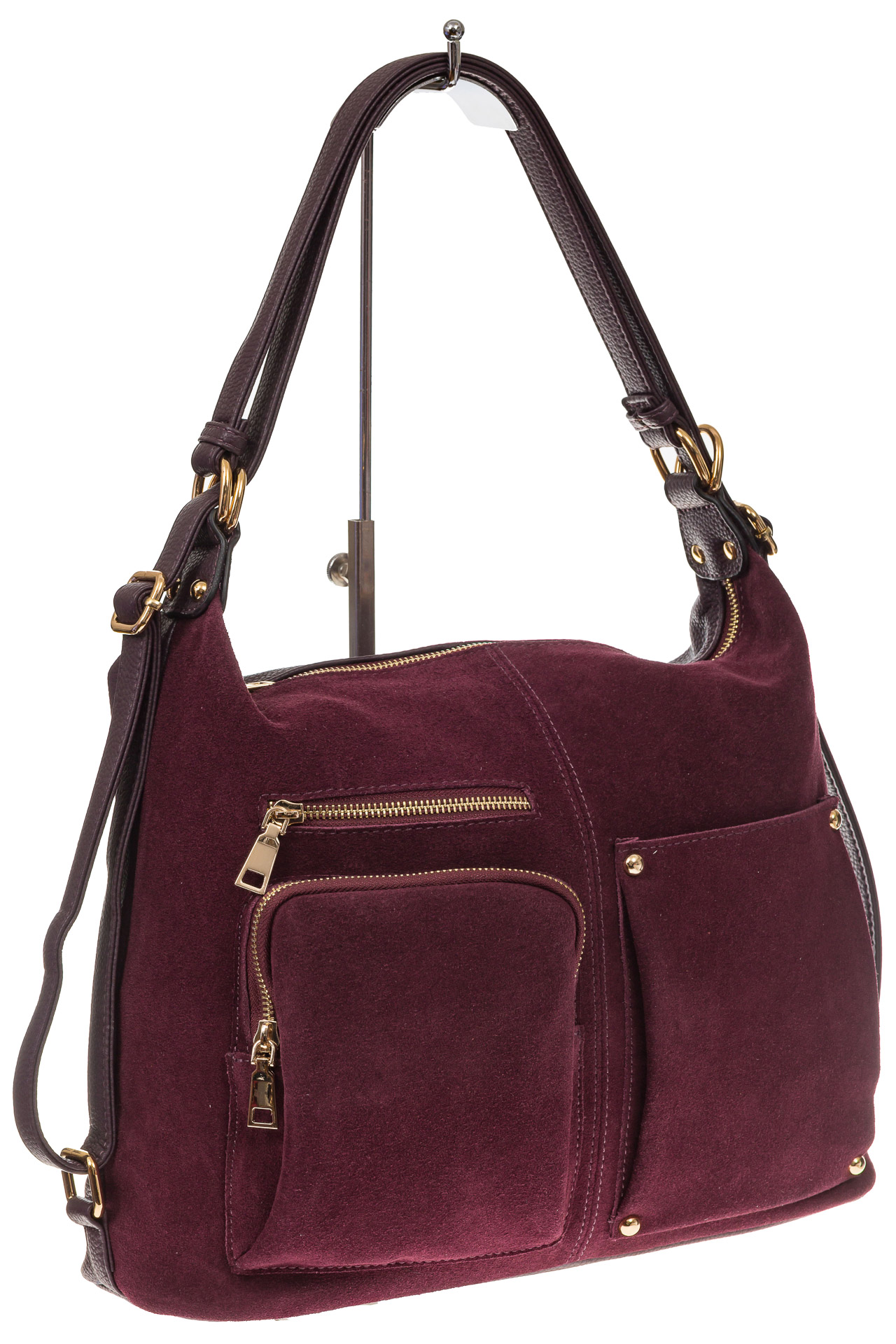 На фото 1 - Сумка-рюкзак из натуральной замши, цвет бордовый
