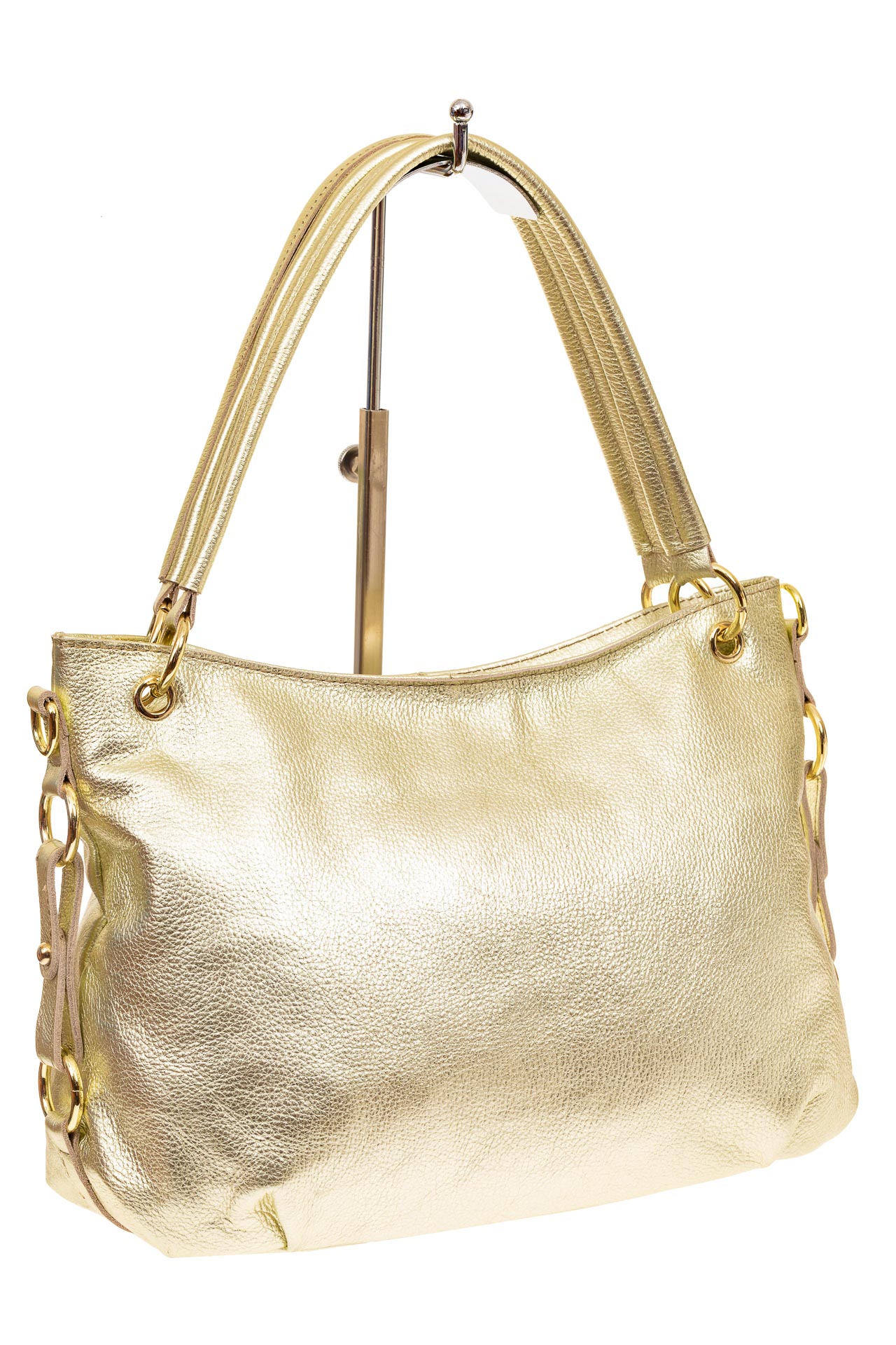 На фото 1 - Большая мягкая сумка из натуральной кожи, цвет светлое золото