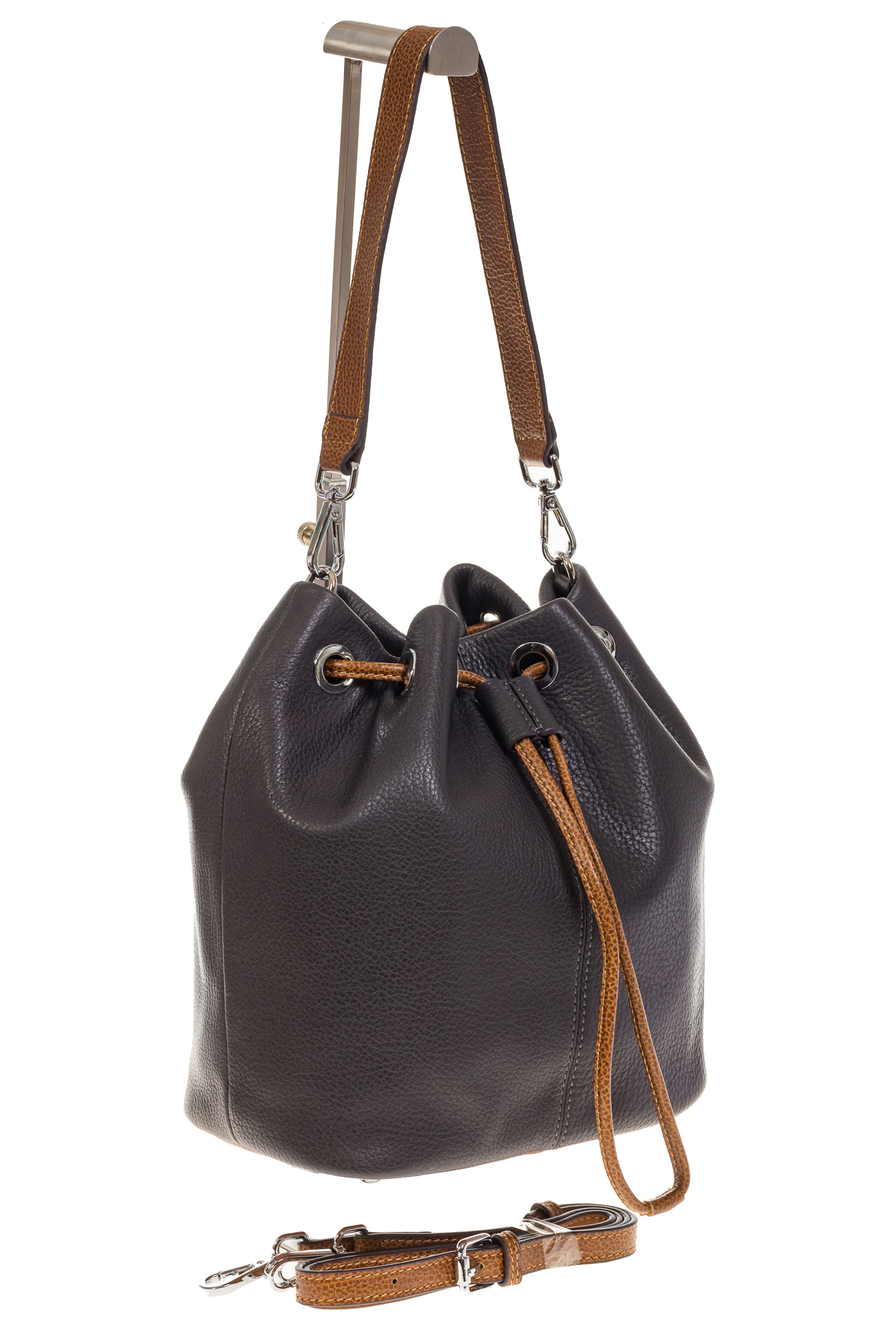 На фото 1 - Женская сумка-торба из натуральной кожи, цвет серый 8137
