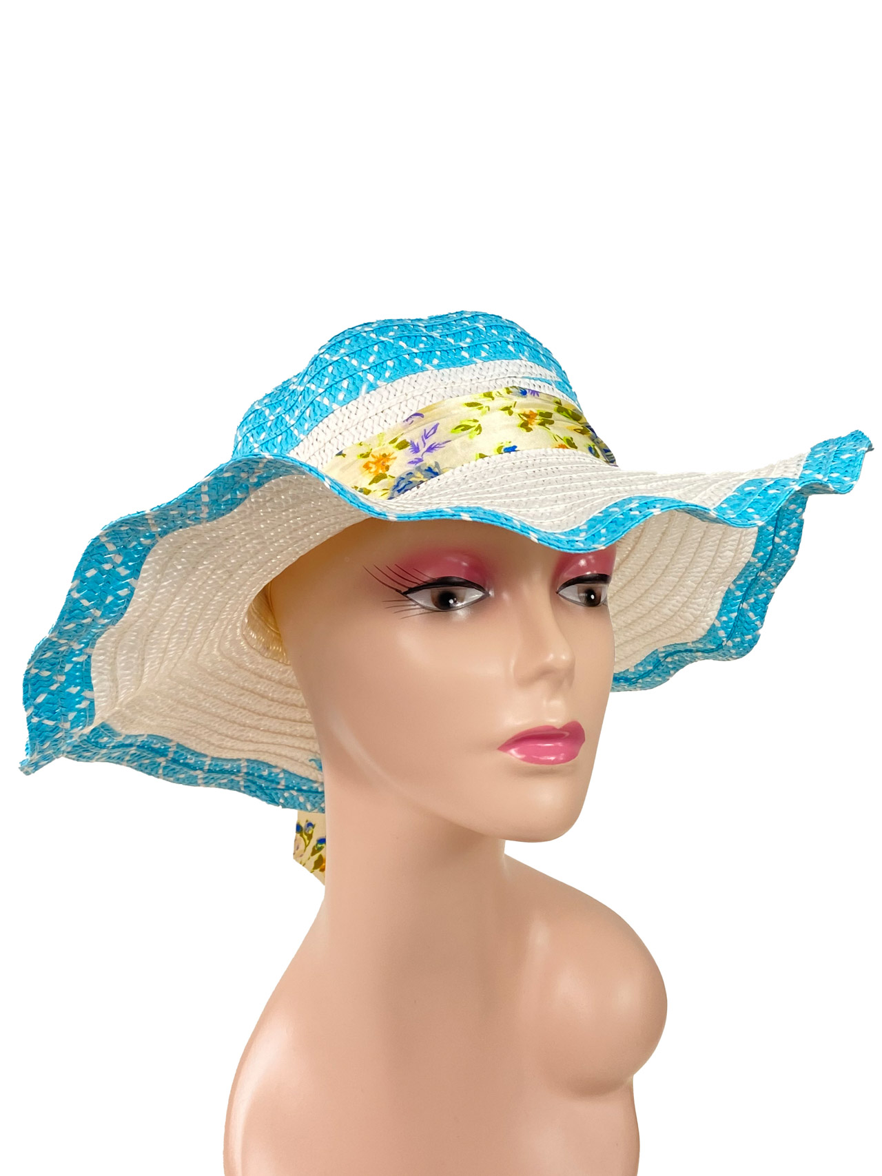 На фото 1 - Летняя женская соломенная шляпа, цвет белый и голубой