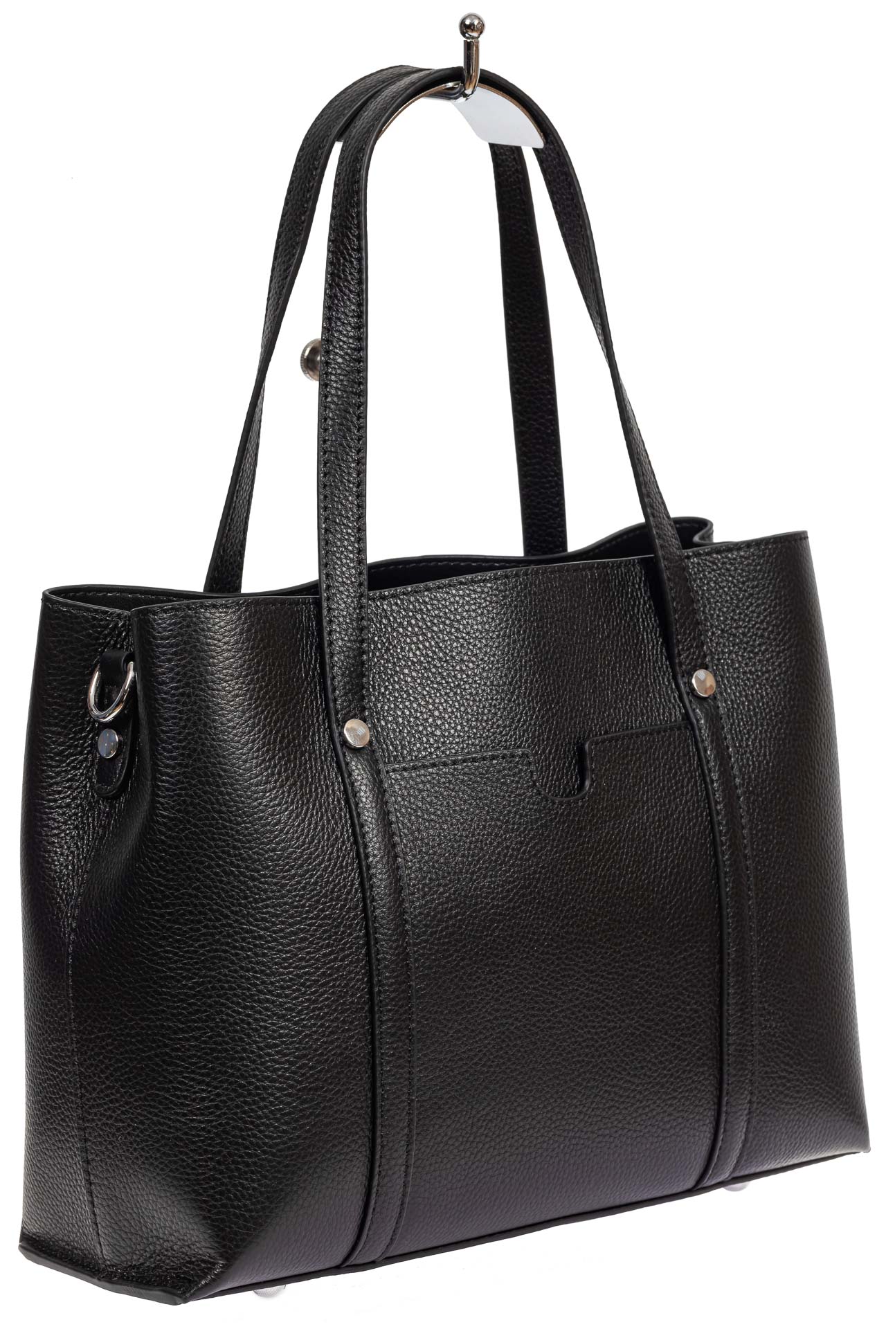 На фото 1 - Женская сумка-тоут из фактурной натуральной кожи, чёрный цвет