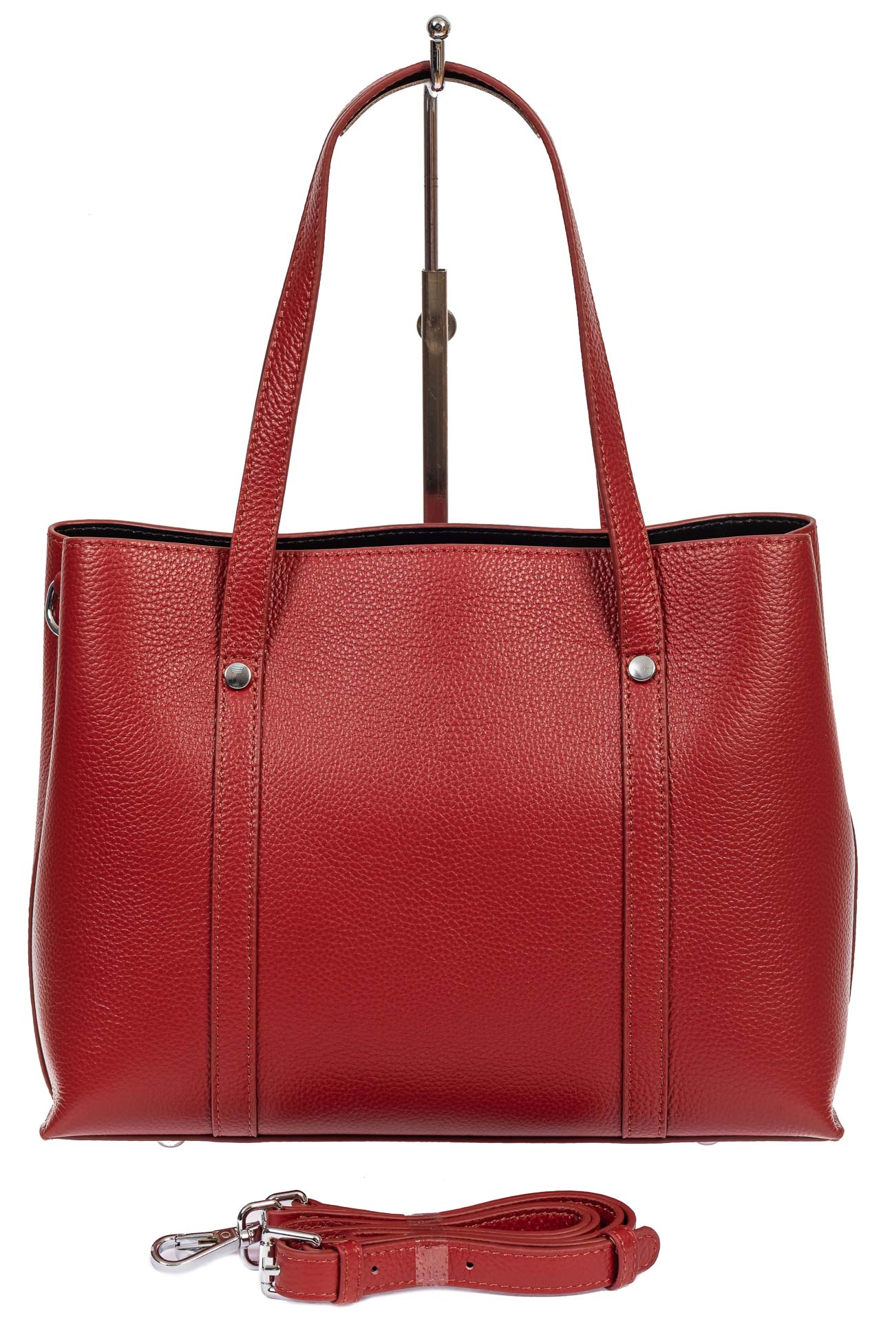 На фото 3 - Женская сумка-тоут из фактурной натуральной кожи, бордовый цвет