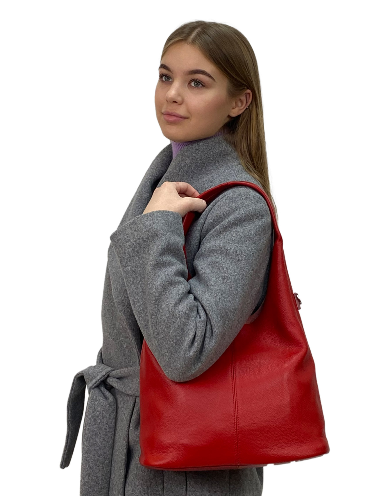На фото 1 -  Женская сумка шоппер из натуральной кожи, цвет красный