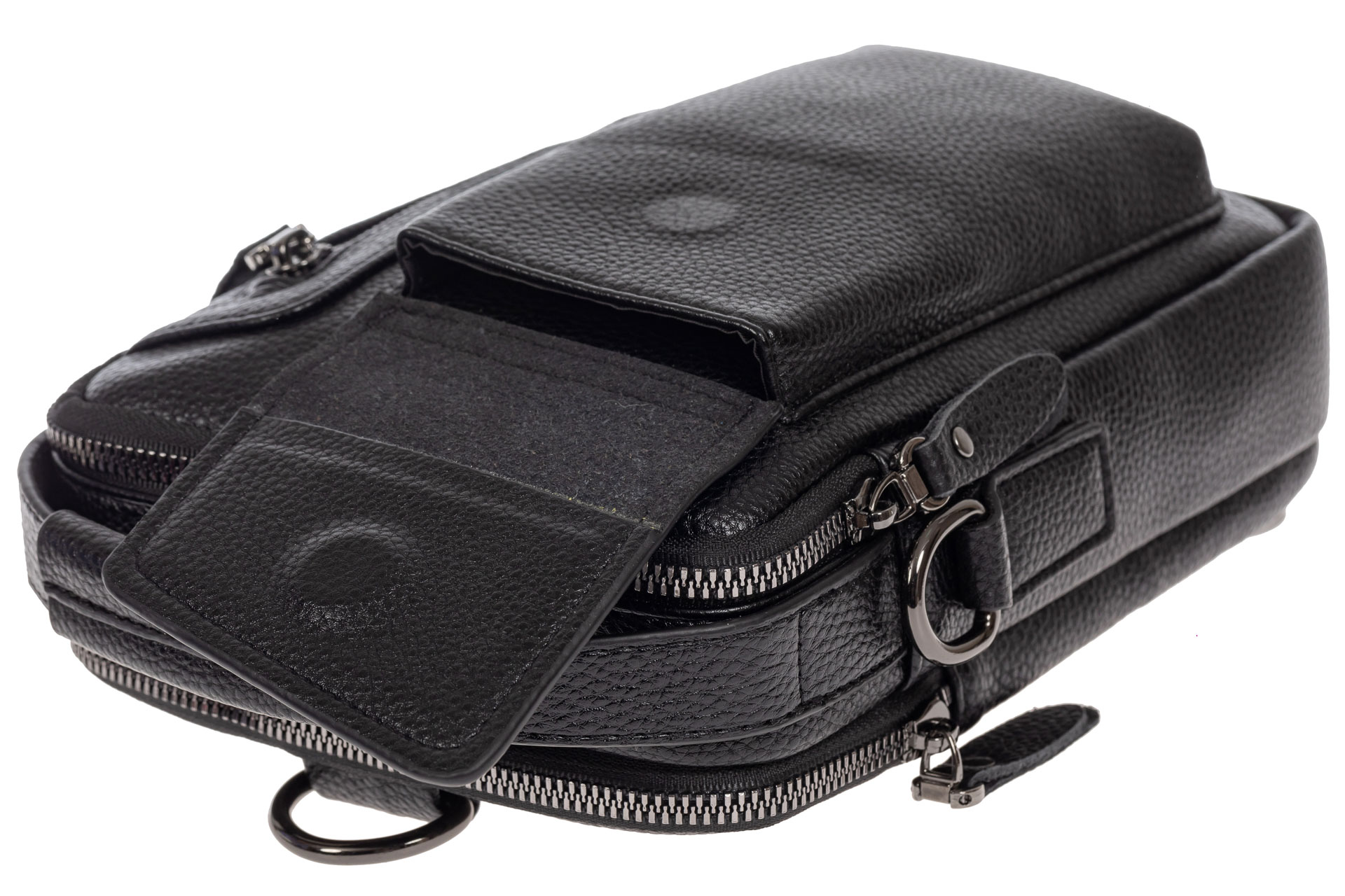 На фото 4 - Мужская сумка-слинг из фактурной натуральной кожи, цвет чёрный