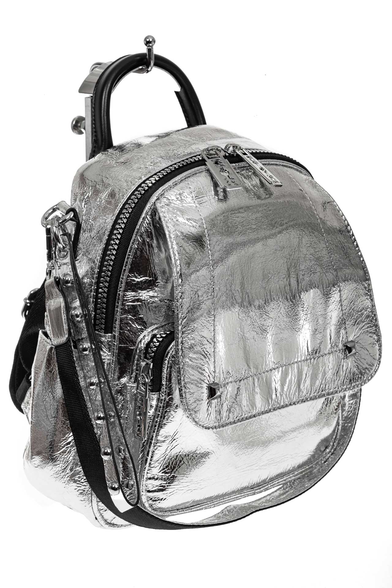 На фото 1 - Блестящий молодежный рюкзак, цвет серебро
