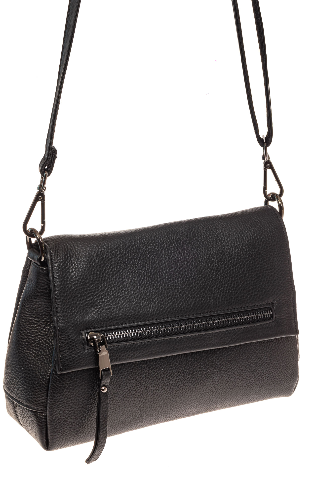 На фото 1 - Женская сумка-трапеция из натуральной кожи, цвет черный