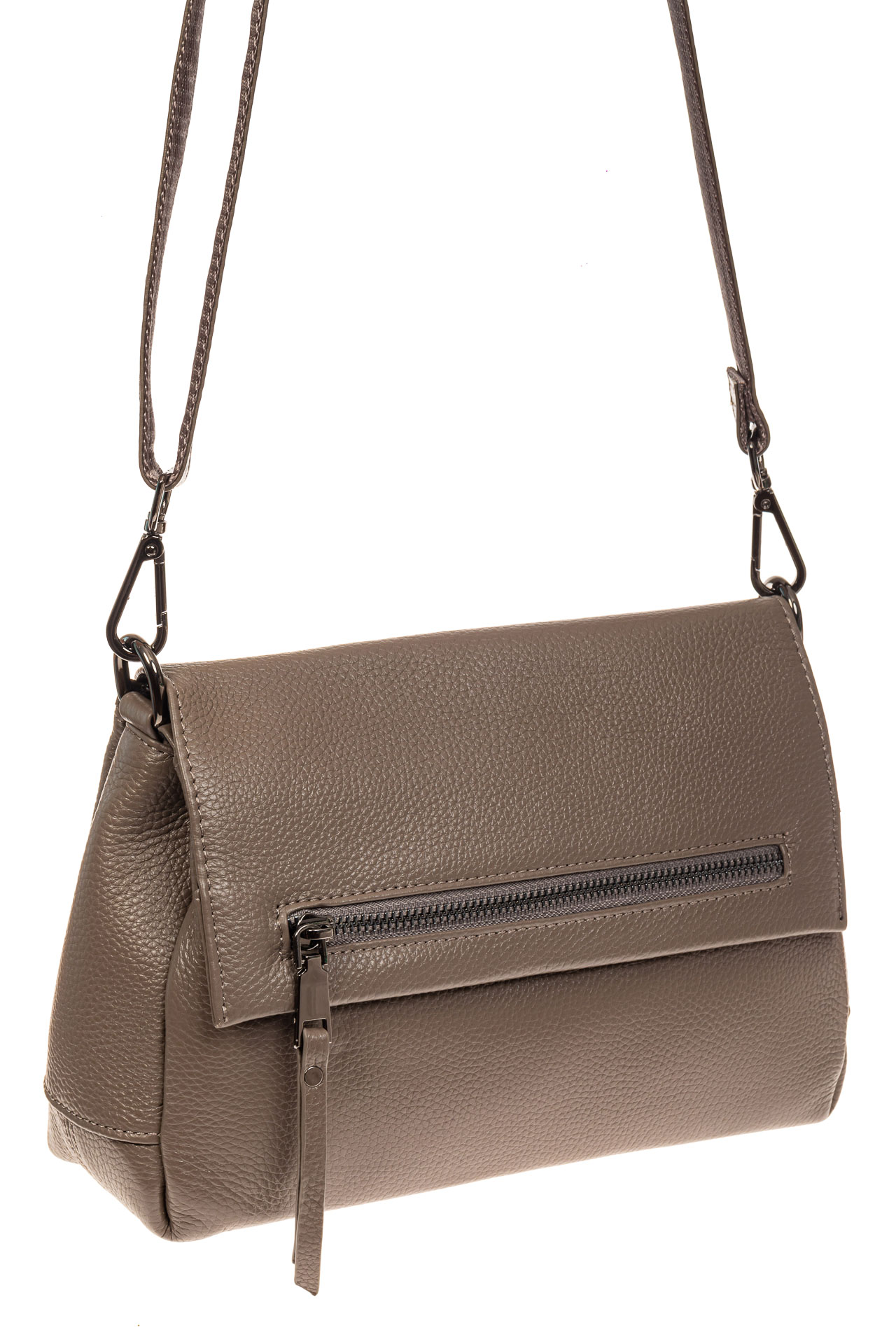 На фото 1 - Женская сумка-трапеция из натуральной кожи, цвет серо-коричневый