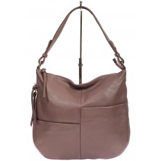 На фото 2 - Женская сумка хобо из натуральной кожи с асимметричными карманами, цвет сиреневый