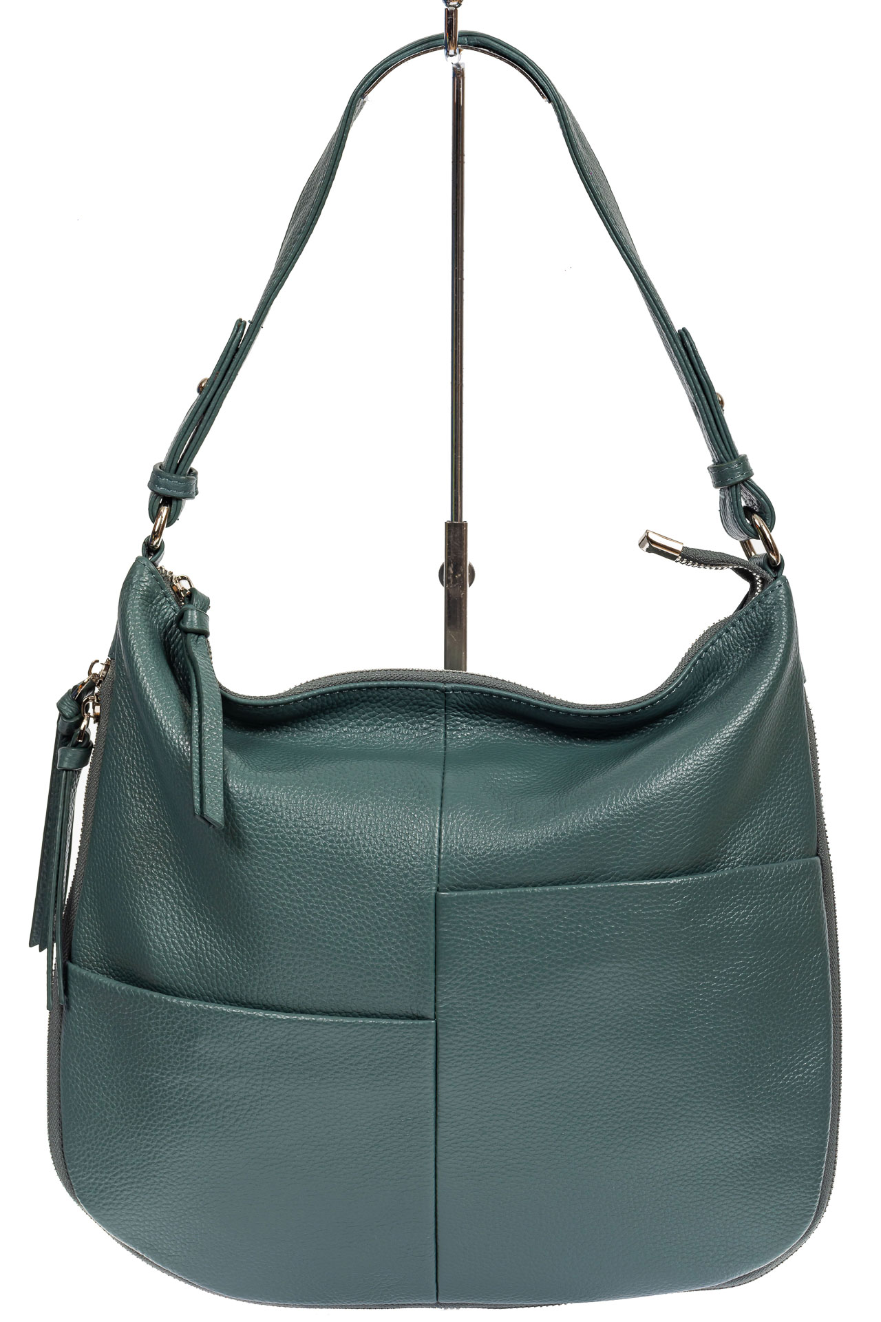 На фото 2 - Женская сумка хобо из натуральной кожи с асимметричными карманами, цвет бирюзовый
