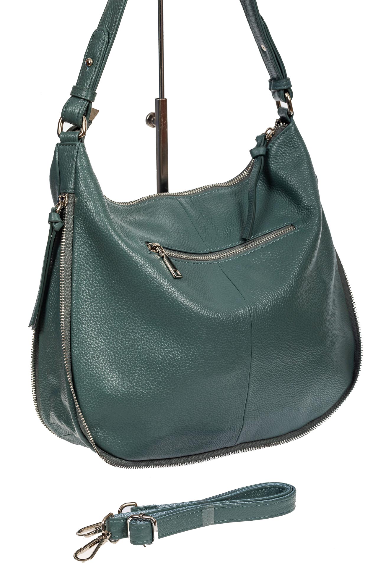 На фото 3 - Женская сумка хобо из натуральной кожи с асимметричными карманами, цвет бирюзовый