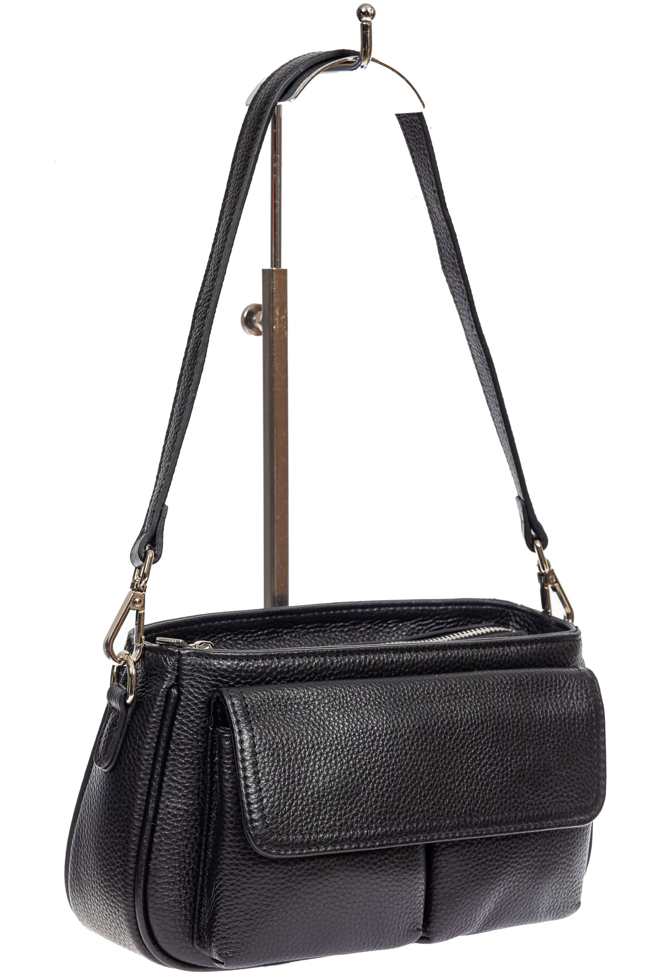 На фото 1 - Кожаная женская сумка-багет, цвет чёрный