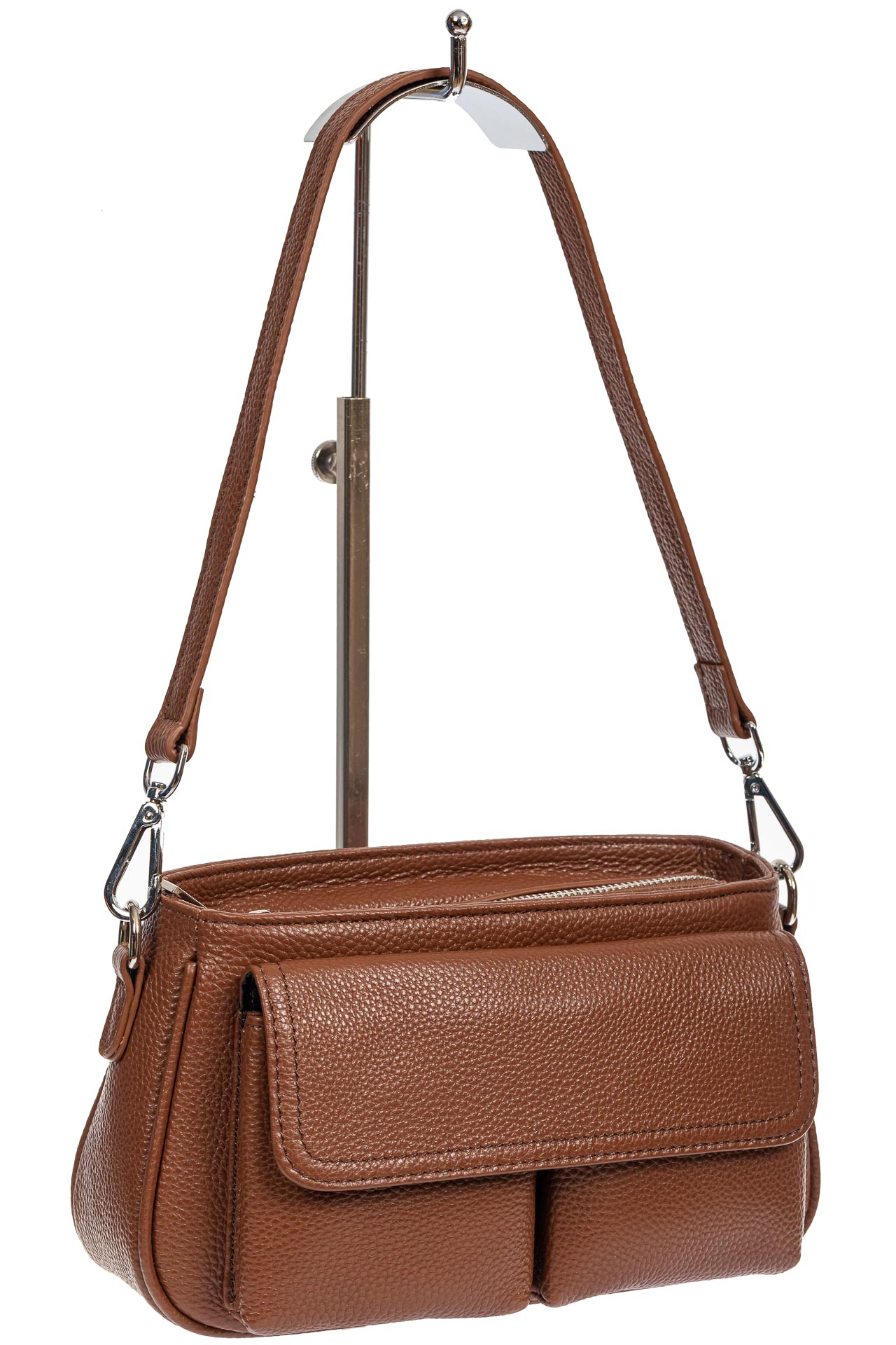 На фото 1 - Кожаная женская сумка-багет, цвет коричневый
