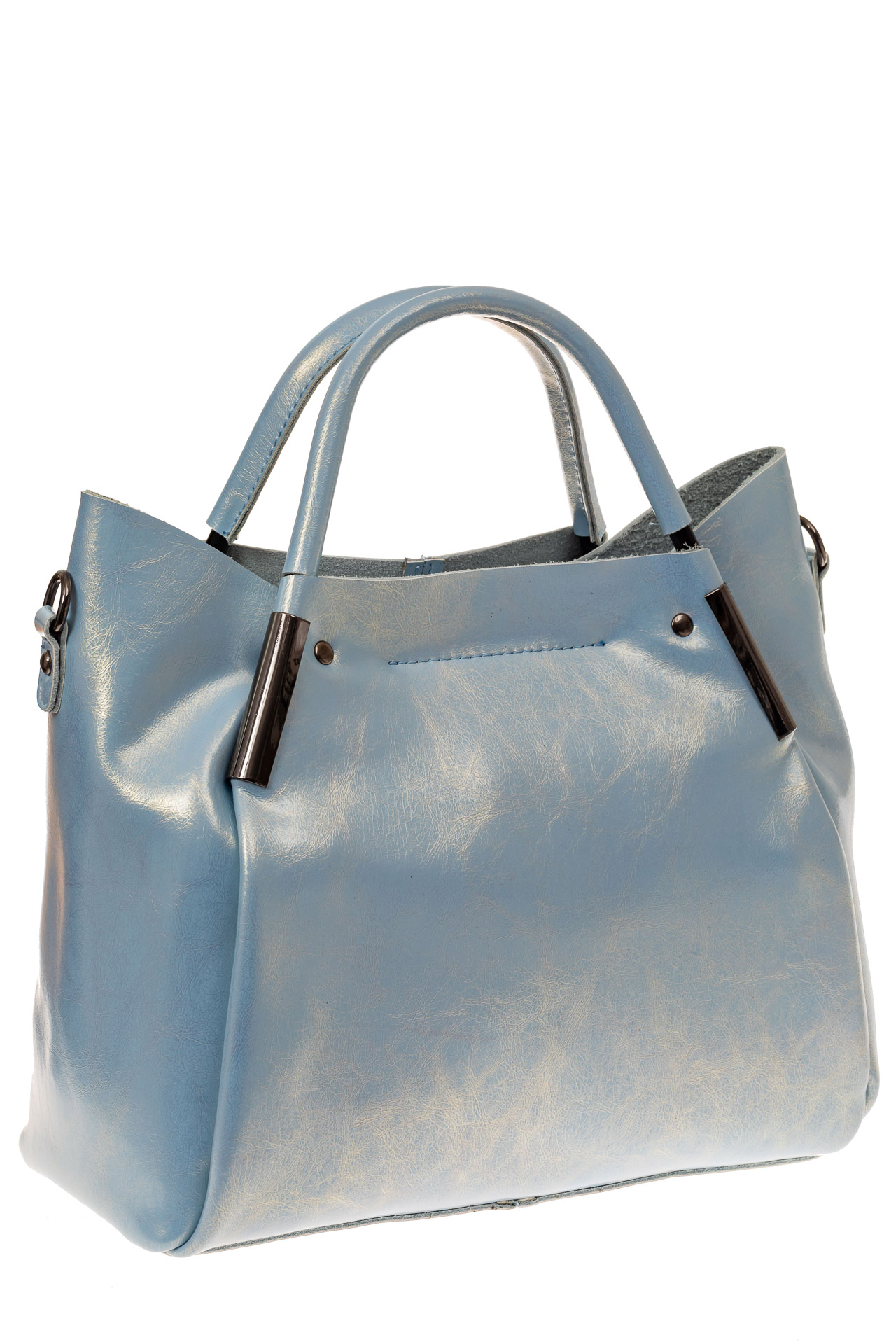 На фото 1 - Женская сумка-тоут из натуральной кожи, цвет голубой перламутр
