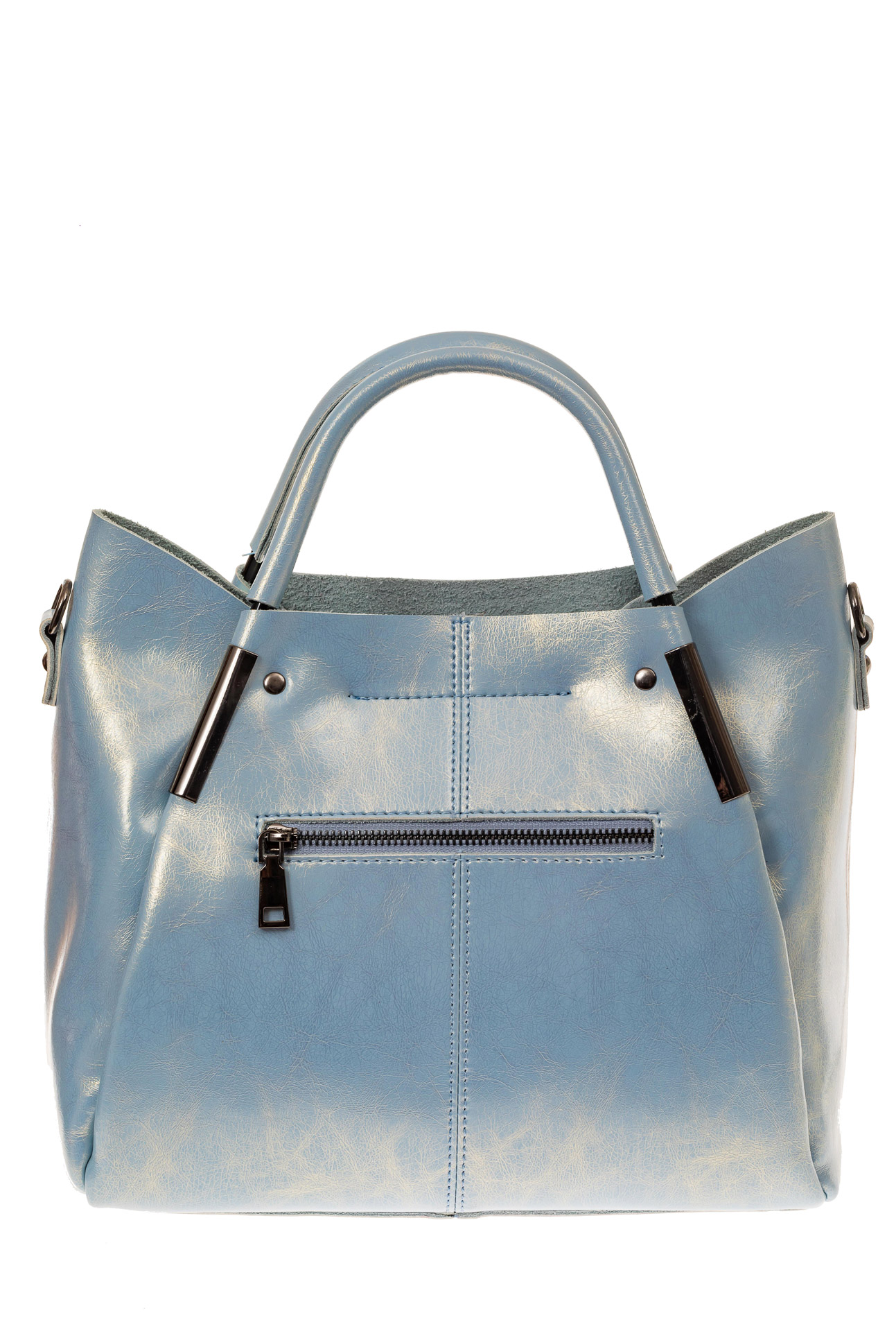 На фото 2 - Женская сумка-тоут из натуральной кожи, цвет голубой перламутр