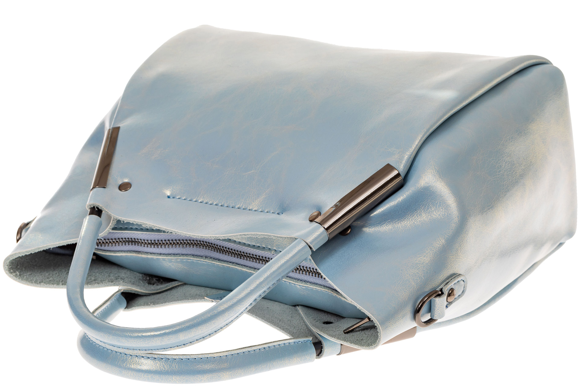 На фото 3 - Женская сумка-тоут из натуральной кожи, цвет голубой перламутр