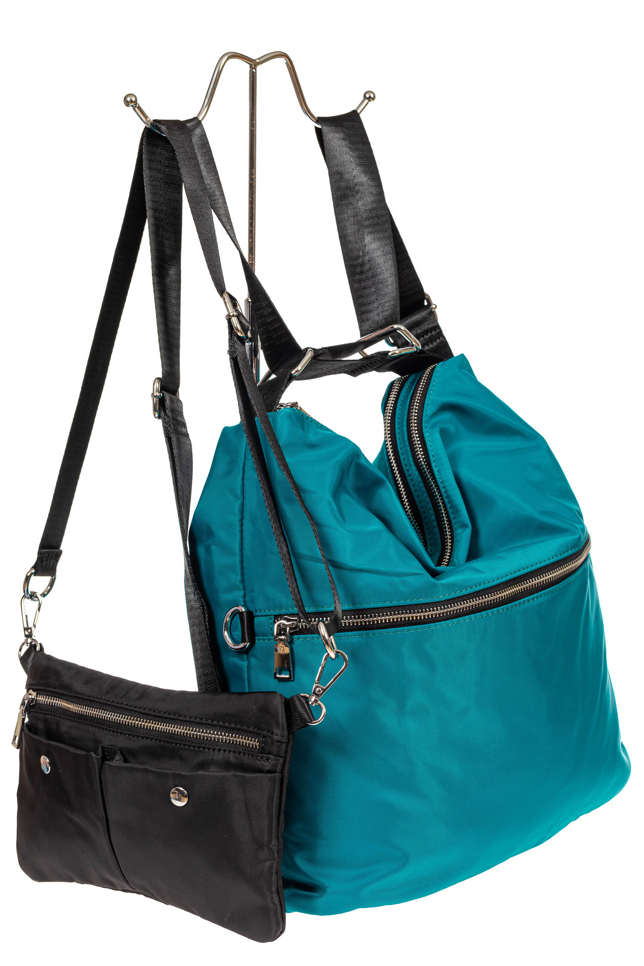 На фото 4 - Женская текстильная сумка - рюкзак, зеленая