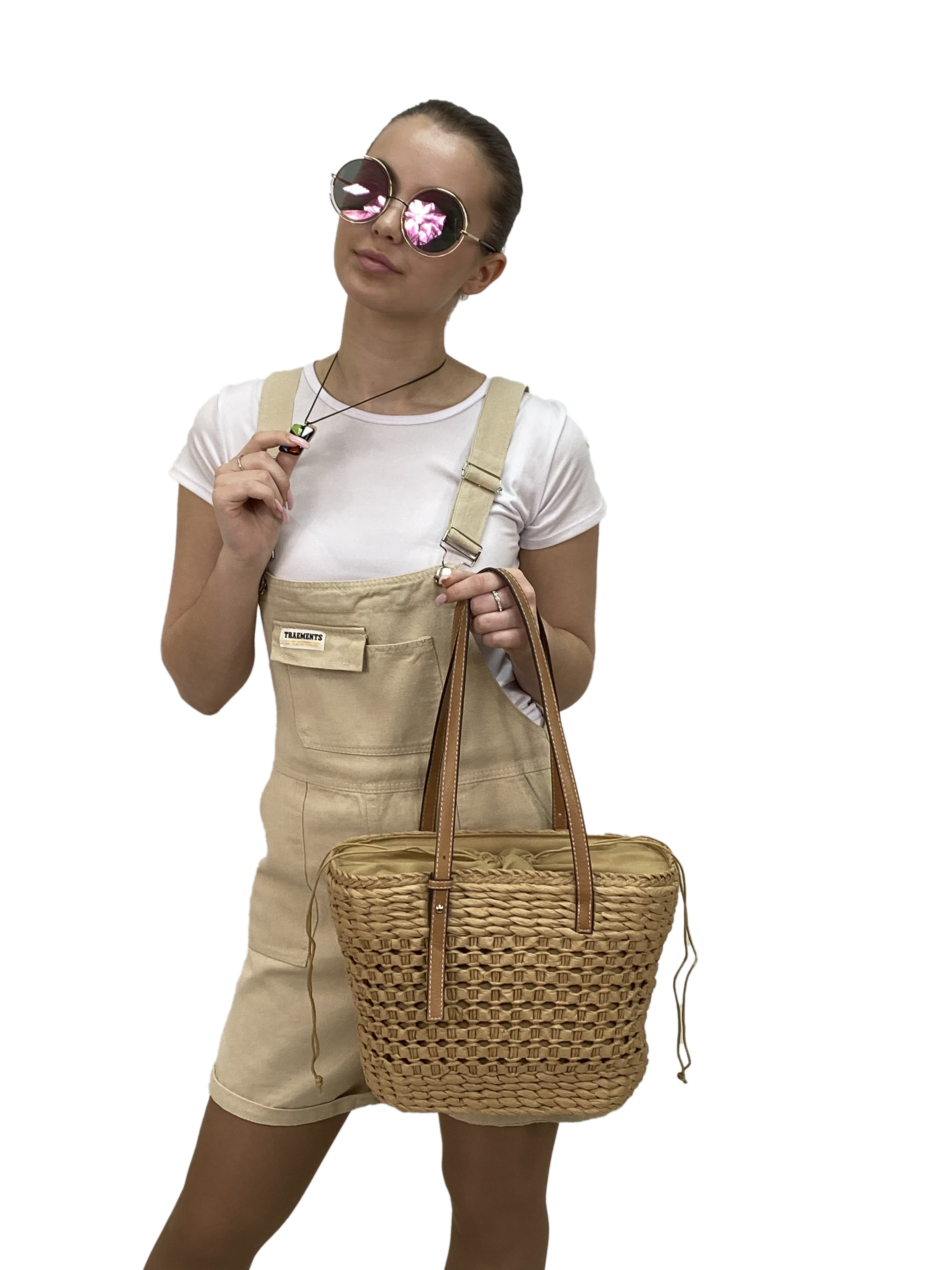 На фото 2 - Плетеная сумка-корзинка из соломки, цвет крафт