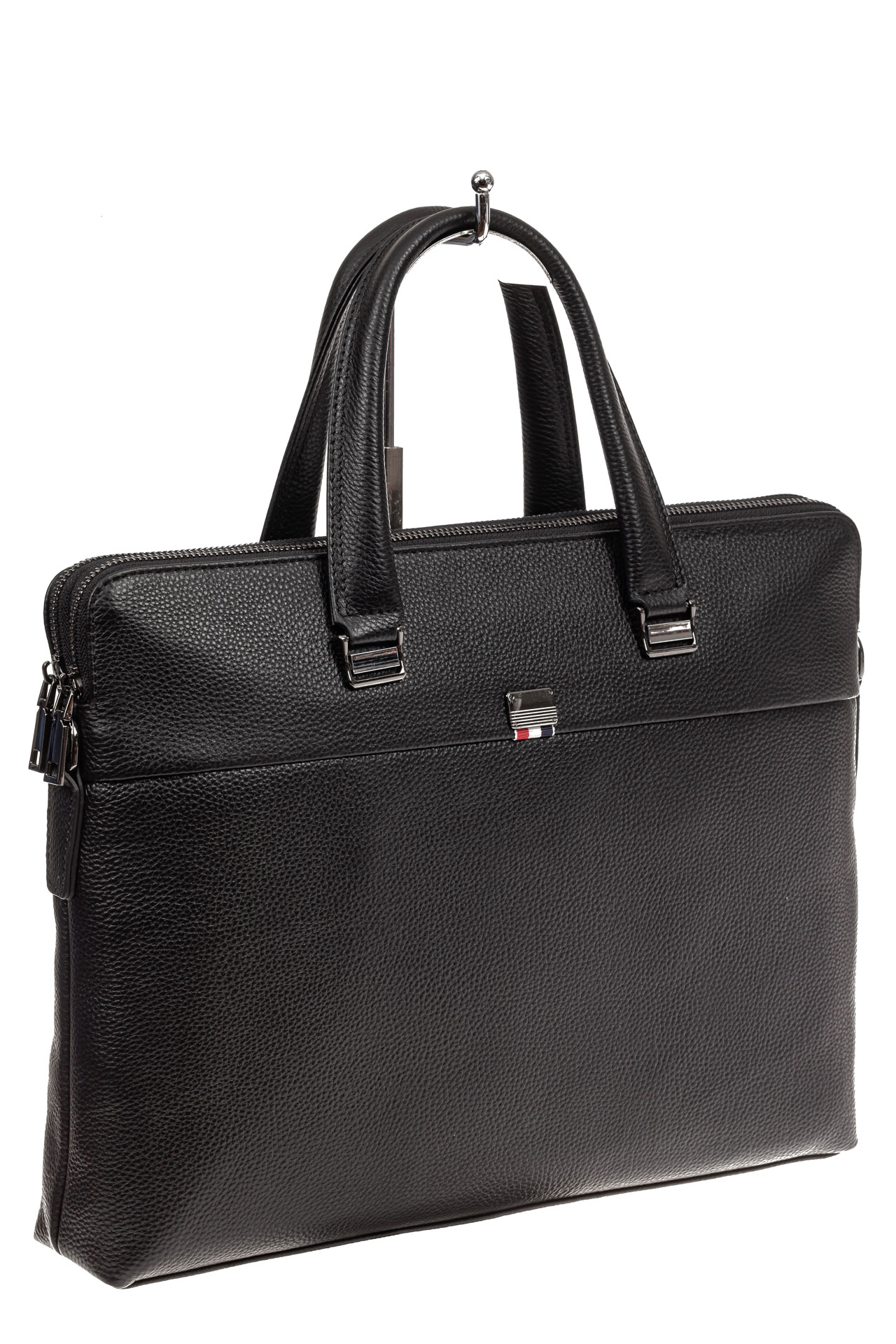 На фото 1 - Мужской кожаный портфель с отделением под ноутбук, цвет черный