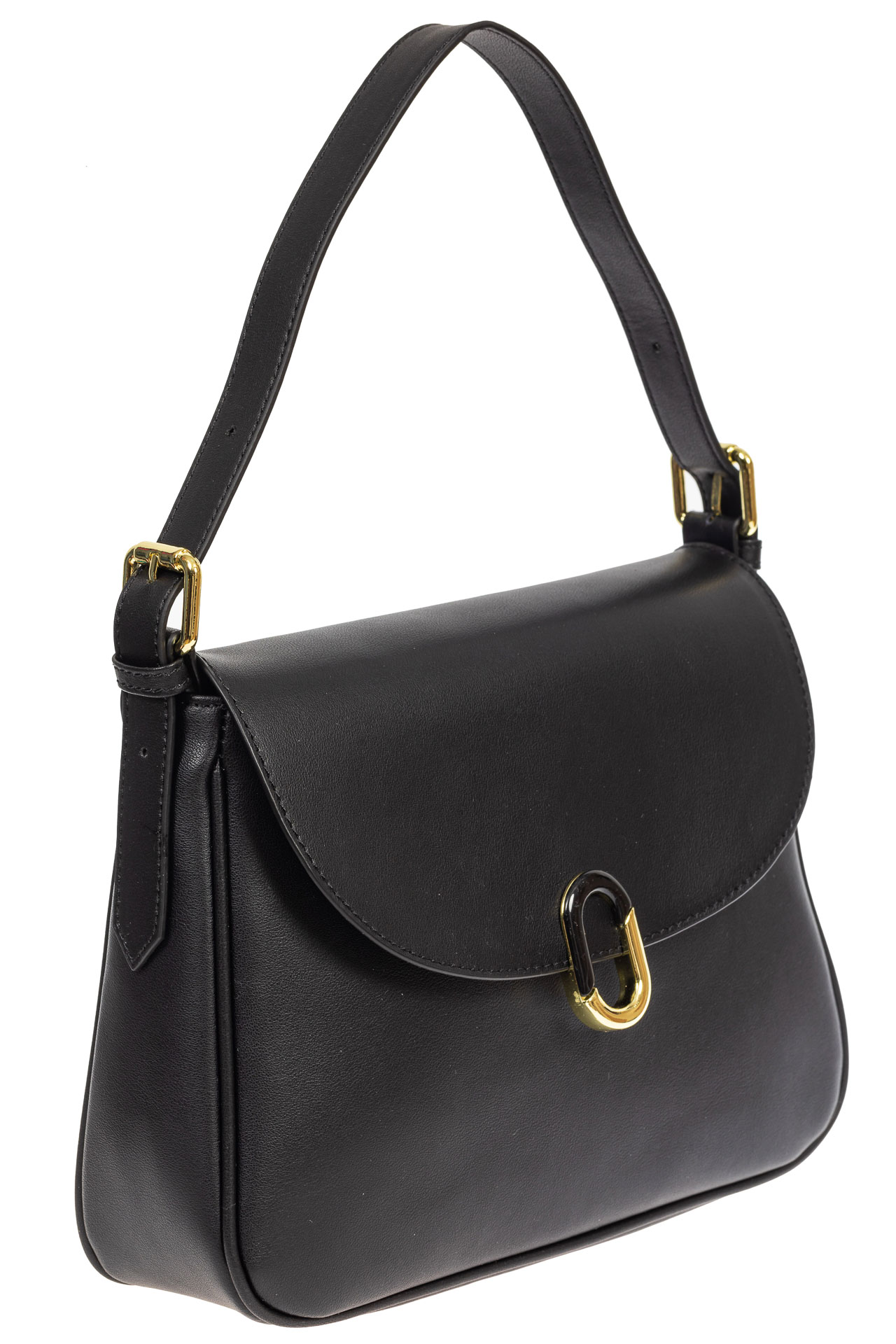 На фото 1 - Кожаная сумка satchel с застёжкой из искусственного камня, цвет чёрный