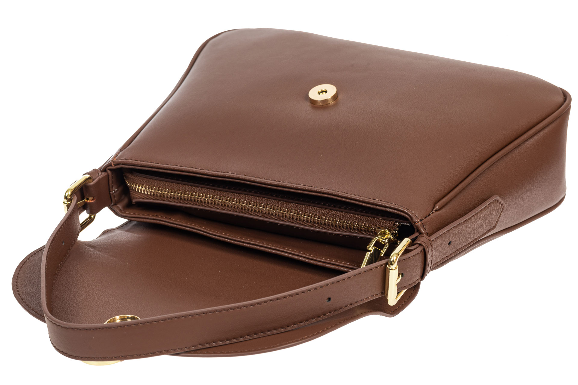 На фото 4 - Кожаная сумка satchel с застёжкой из искусственного камня, цвет коричневый