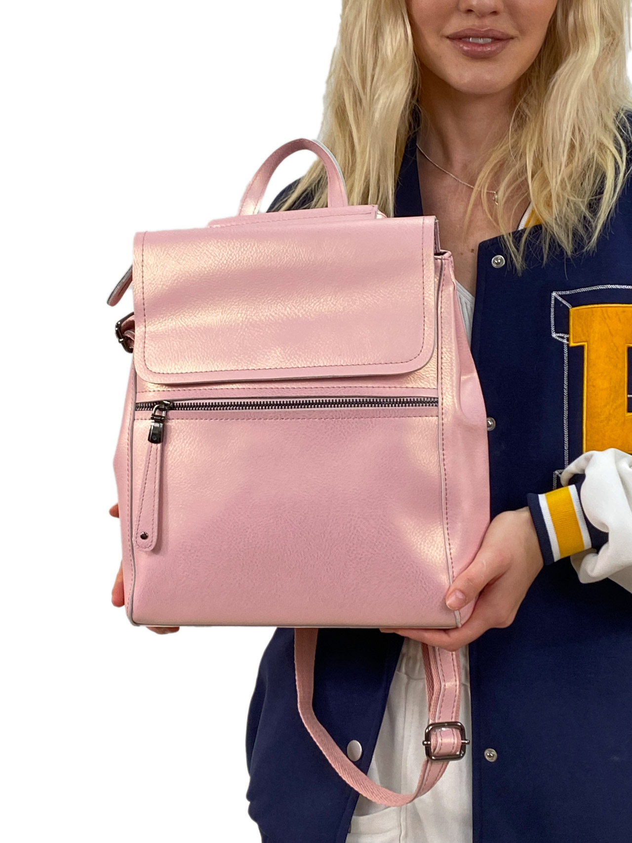 На фото 1 -  Кожаный женский рюкзак-трансформер, цвет розовый