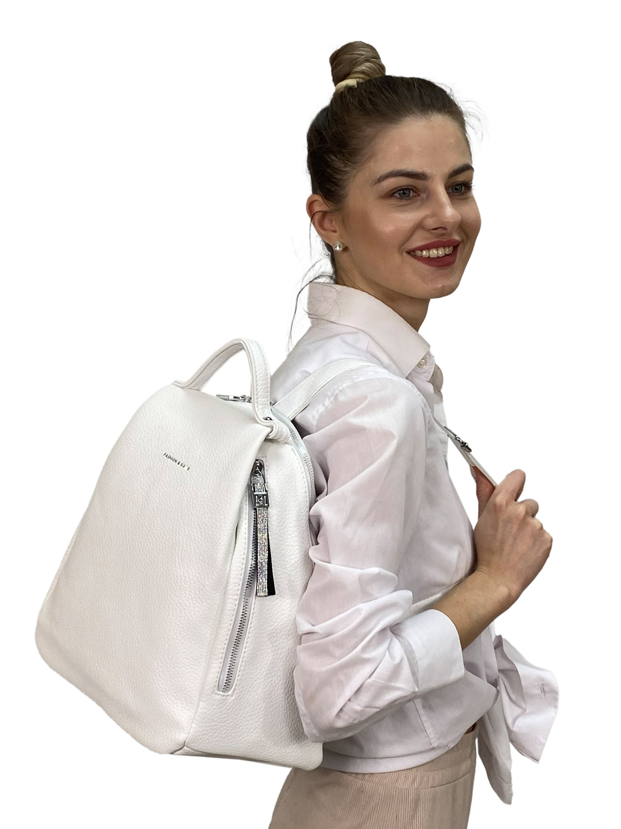 На фото 1 - Женский рюкзак   из искусственной кожи, цвет белый