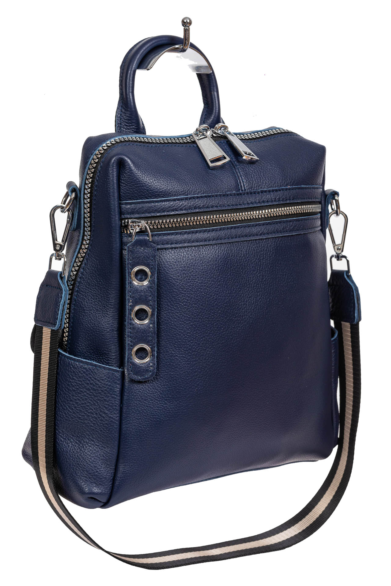 На фото 1 - Молодёжная сумка-рюкзак из фактурной натуральной кожи, цвет тёмно-синий