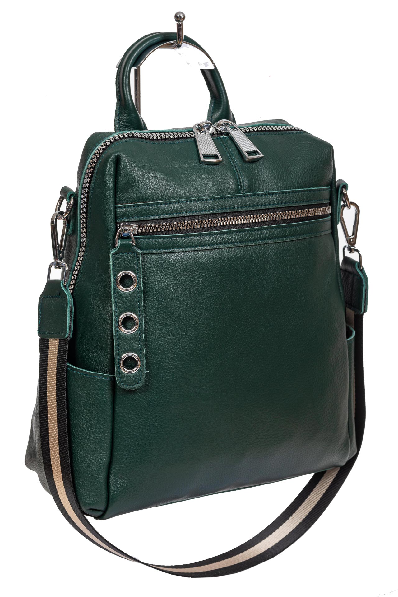 На фото 1 - Молодёжная сумка-рюкзак из фактурной натуральной кожи, цвет тёмно-зелёный