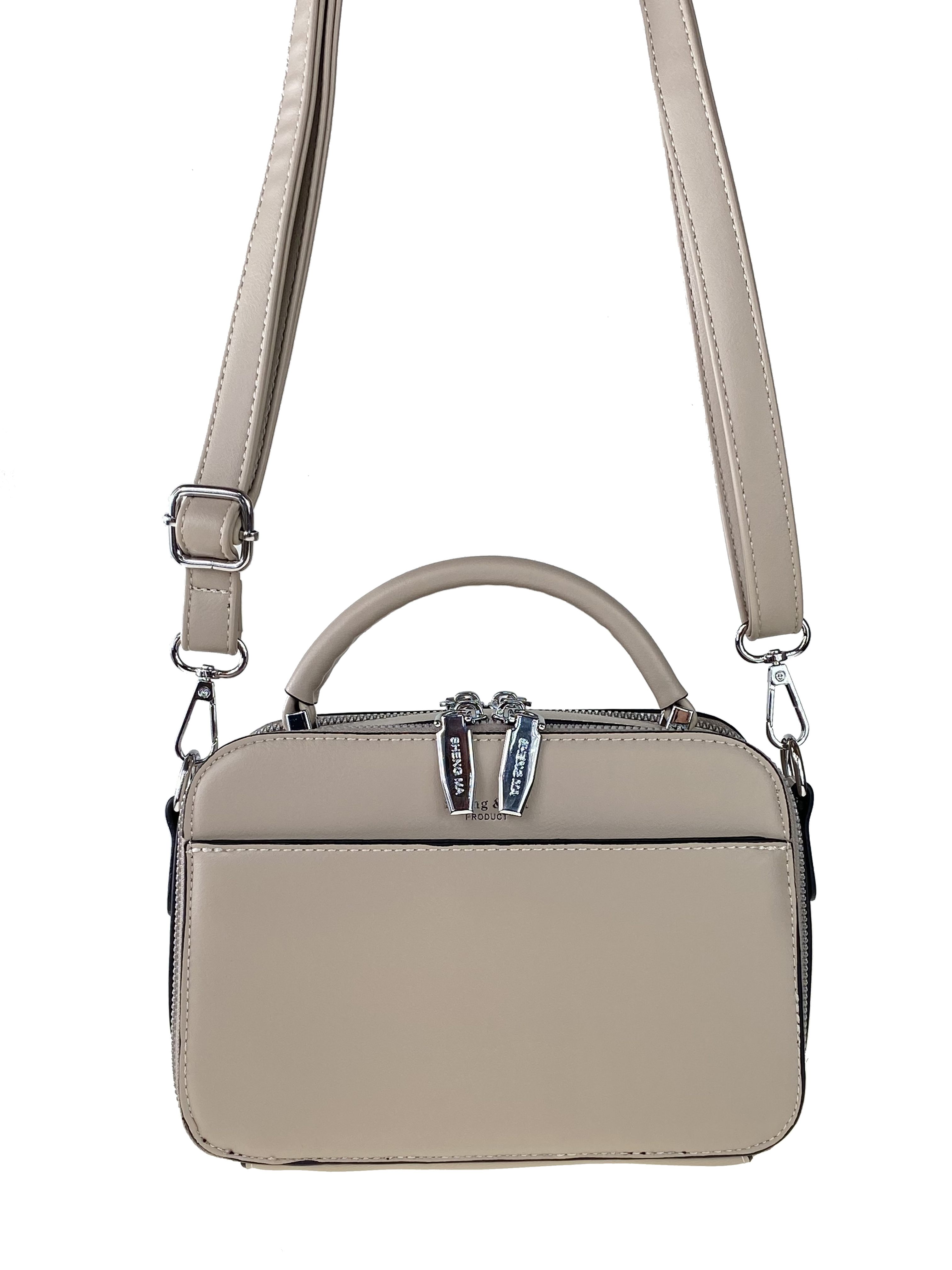 На фото 2 - Женская сумочка из гладкой экокожи с жёстким каркасом, цвет бежевый