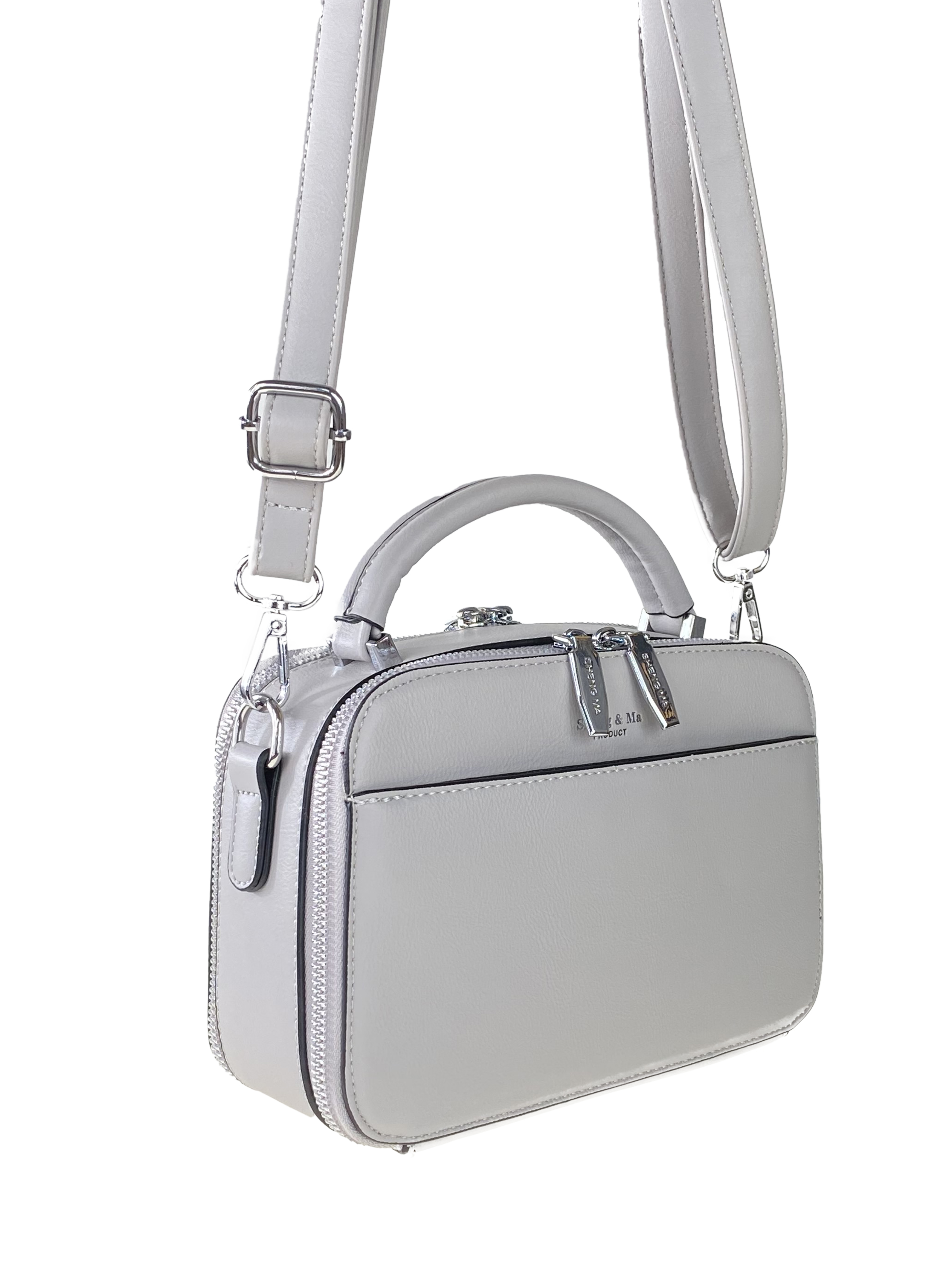 На фото 1 - Женская сумочка из гладкой экокожи с жёстким каркасом, цвет светло-серый