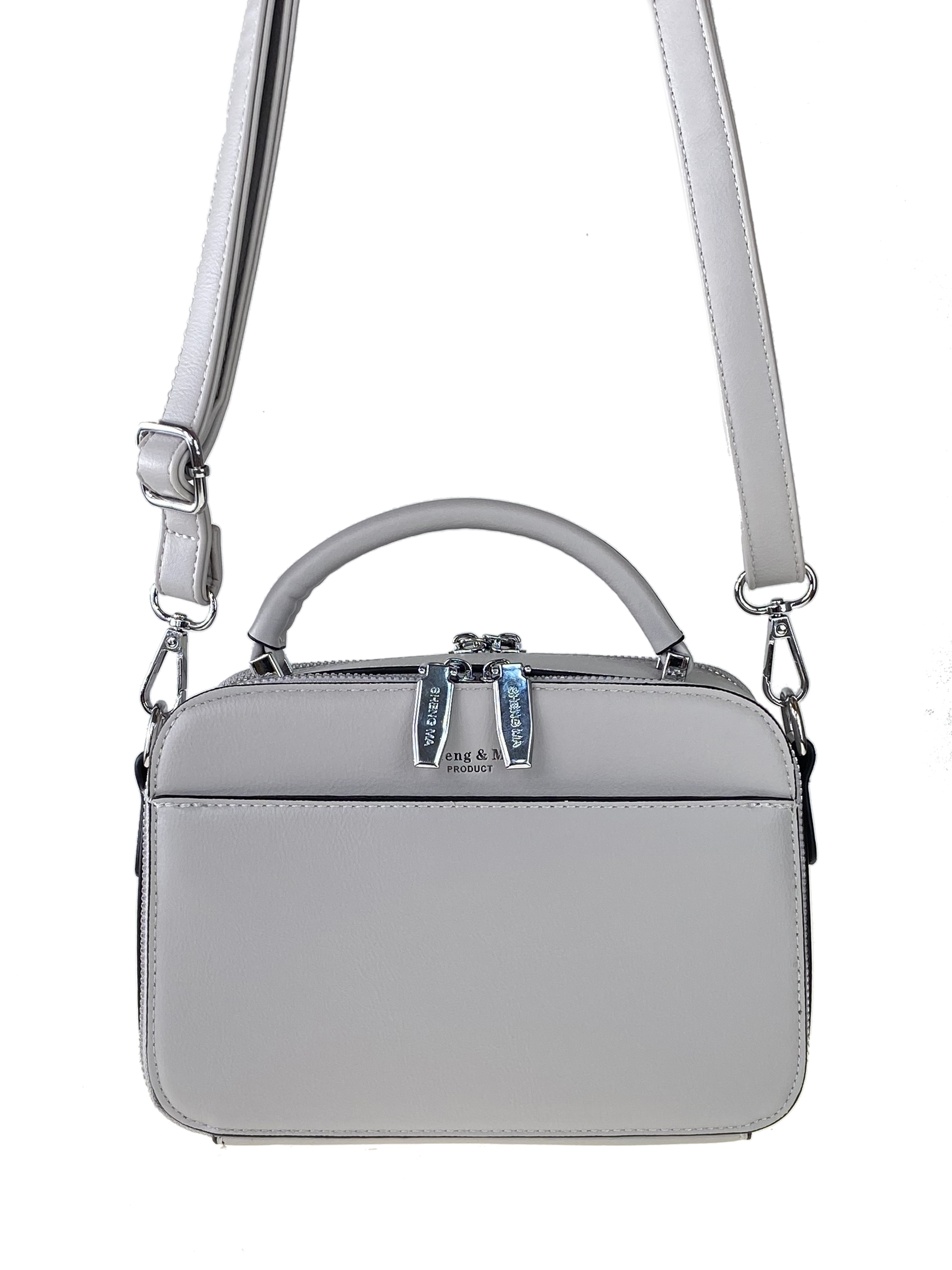 На фото 2 - Женская сумочка из гладкой экокожи с жёстким каркасом, цвет светло-серый