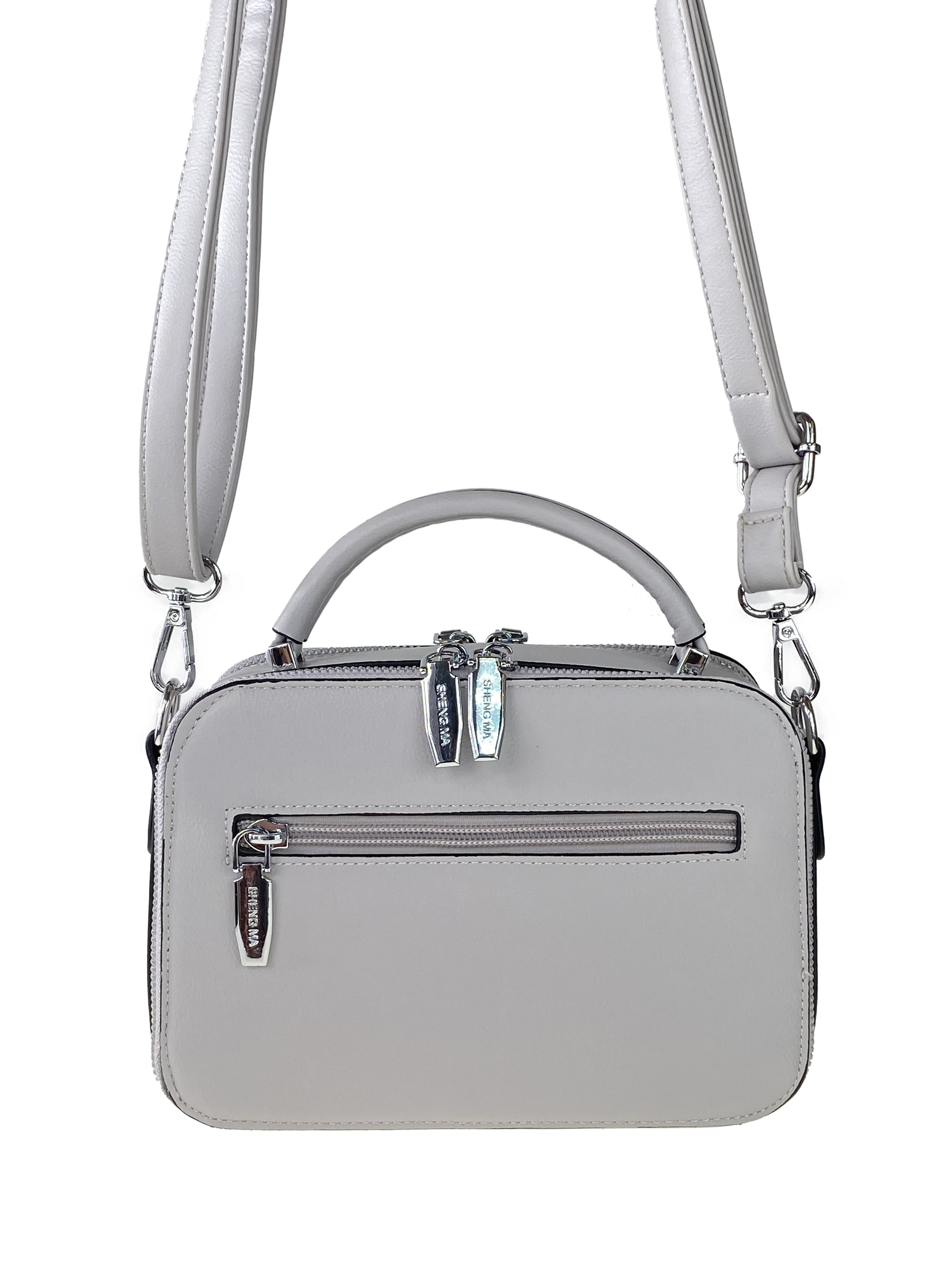 На фото 3 - Женская сумочка из гладкой экокожи с жёстким каркасом, цвет светло-серый