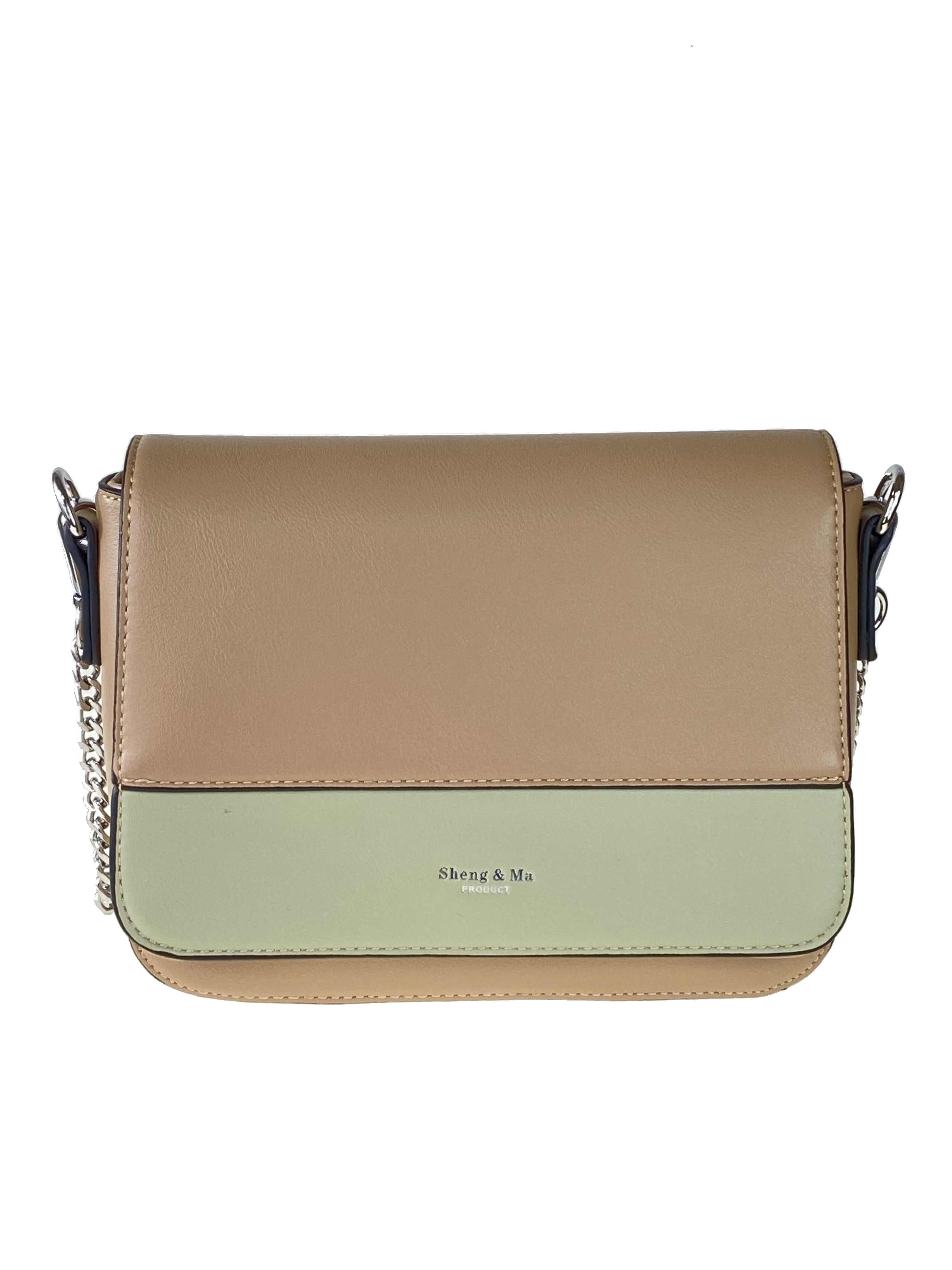 На фото 2 - Женская сумочка из гладкой искусственной кожи, цвет бежевый с бледно-зелёным