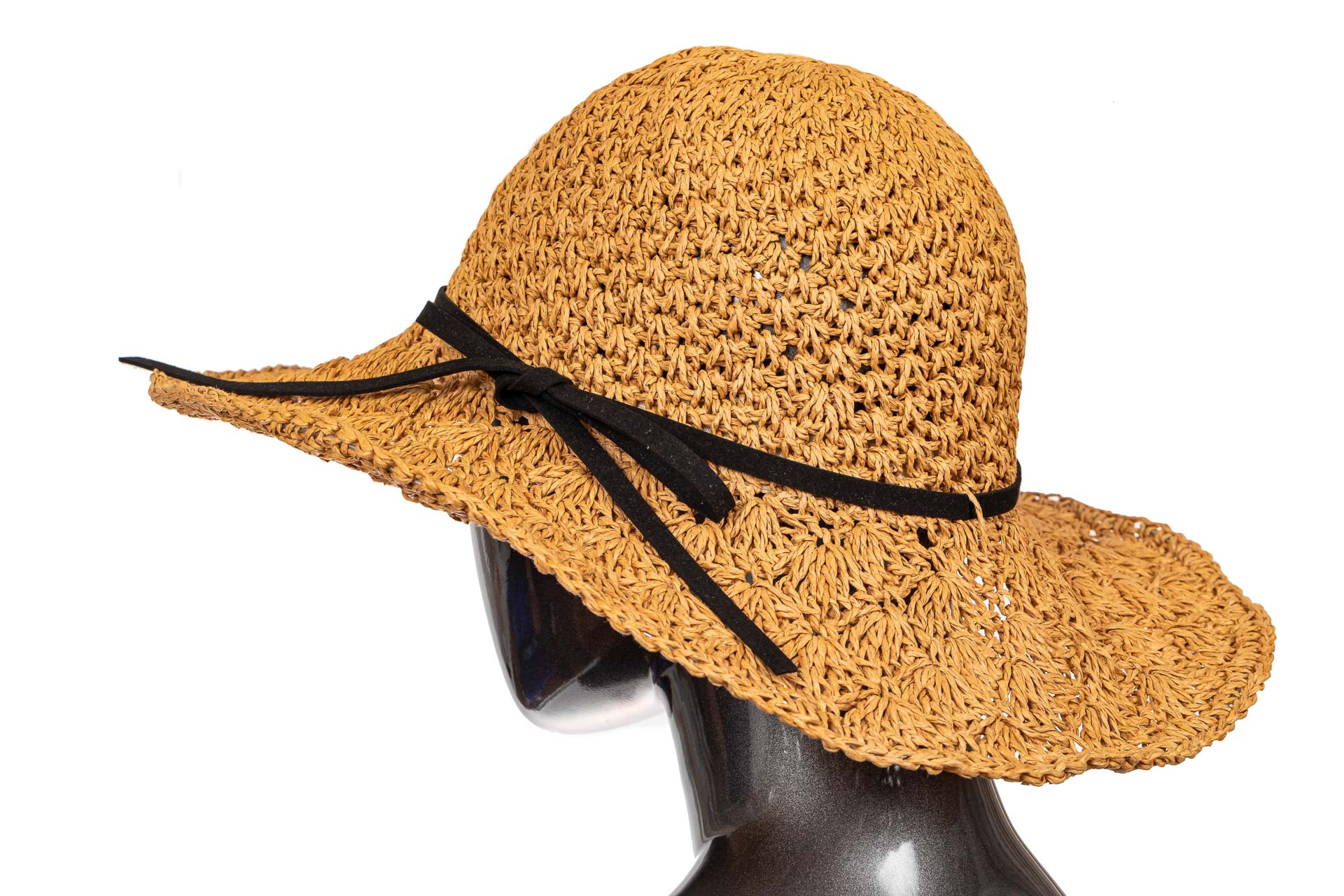 На фото 1 - Коричневая летняя шляпка с ажурным плетением и шнурком
